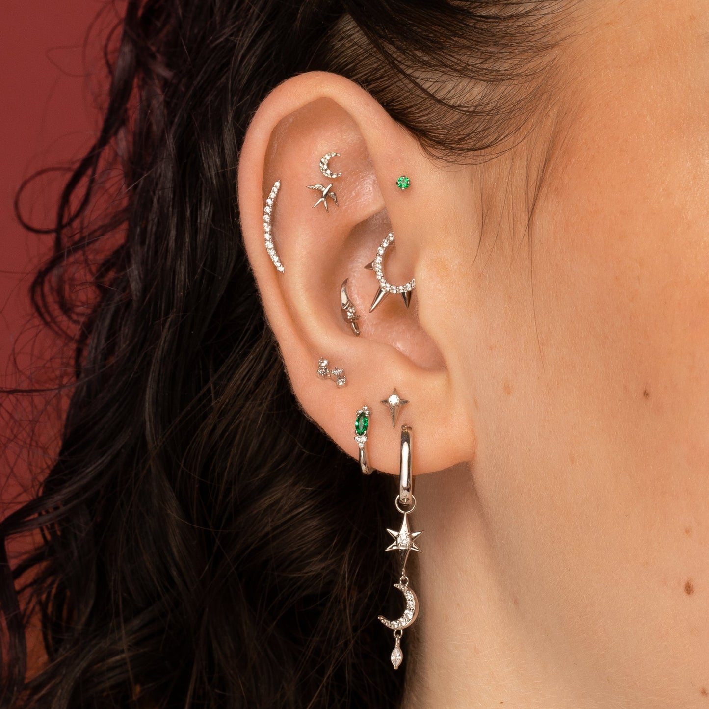 Laura Bond Jewellery 9k solid white gold Aurora curved flat back labret stud earring Cartilage Studs