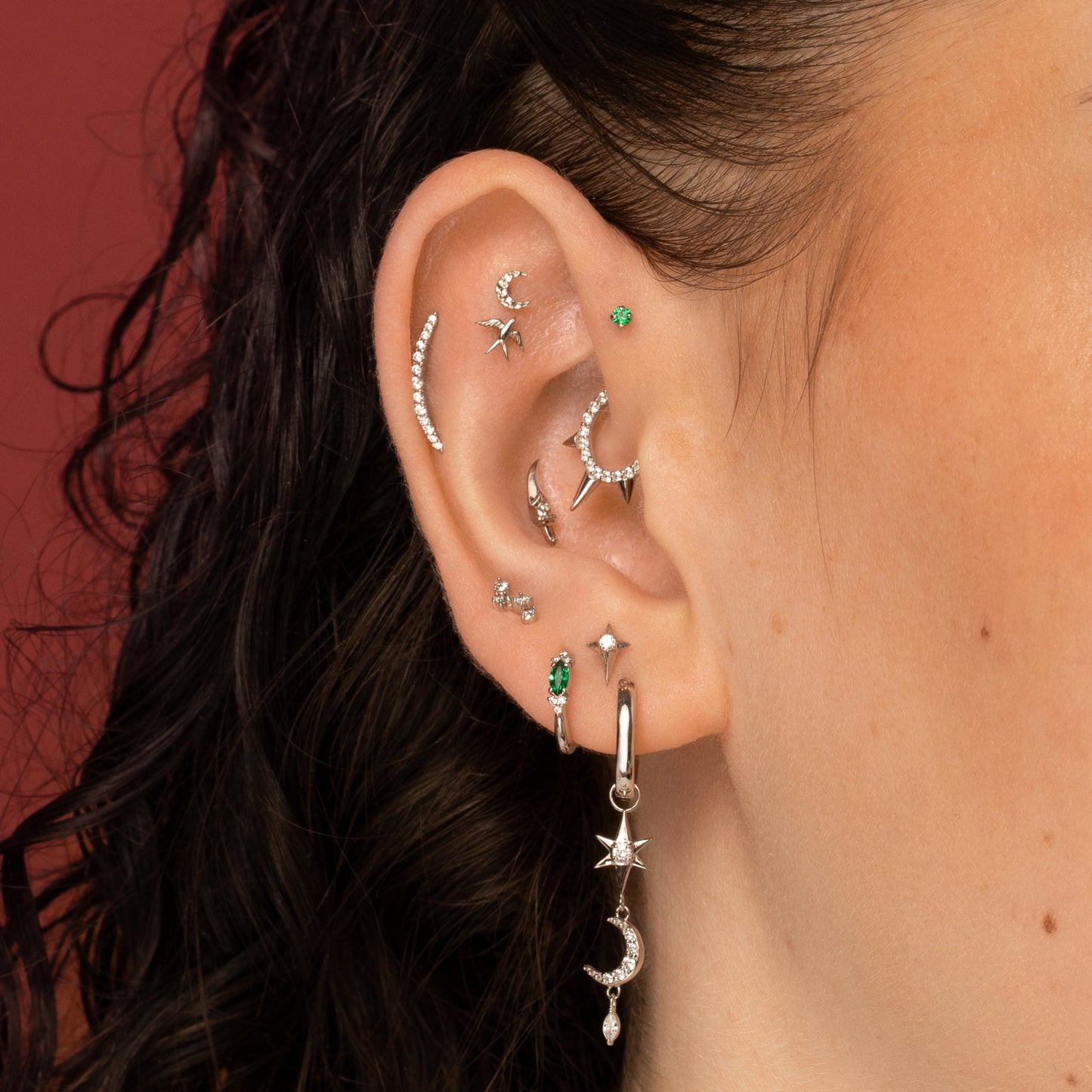 Laura Bond Jewellery 9k solid white gold tiny green crystal gem 2mm flat back labret stud earring Cartilage Studs