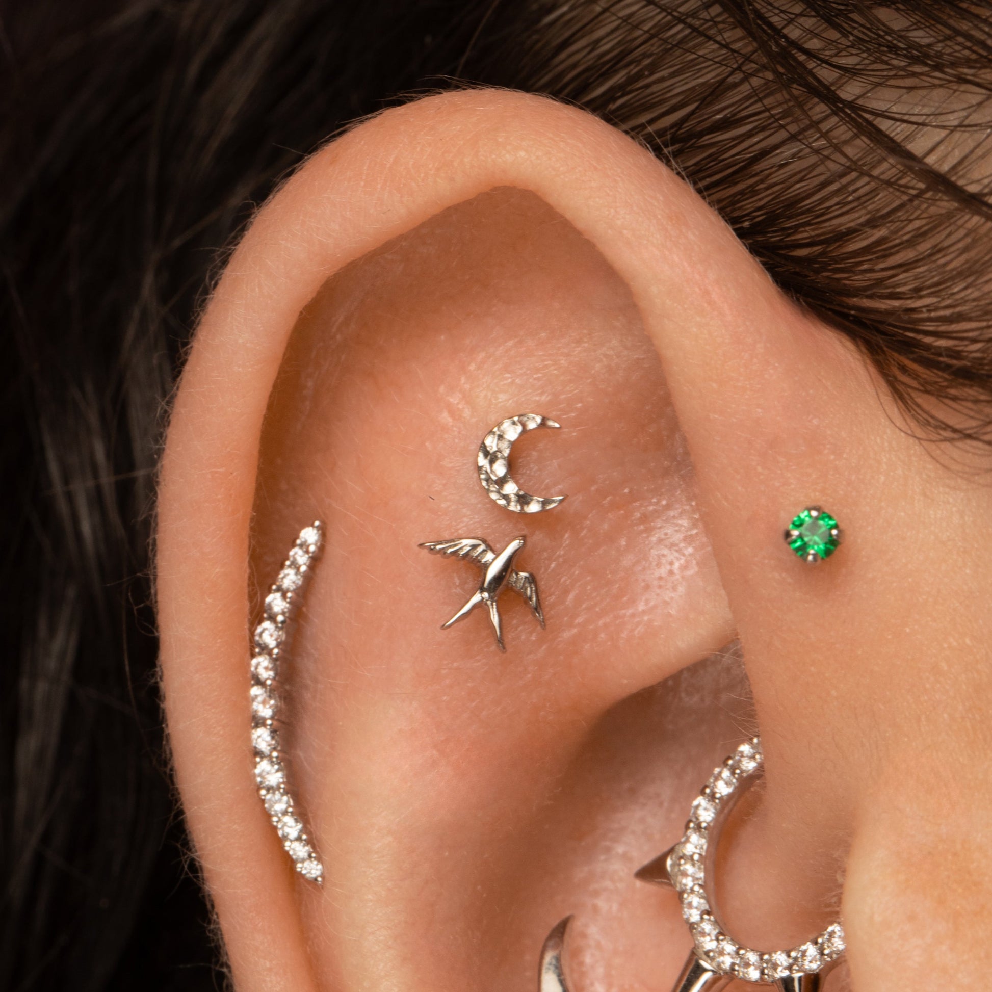 Laura Bond Jewellery 9k solid white gold hammered moon flat back labret stud earring Cartilage Studs