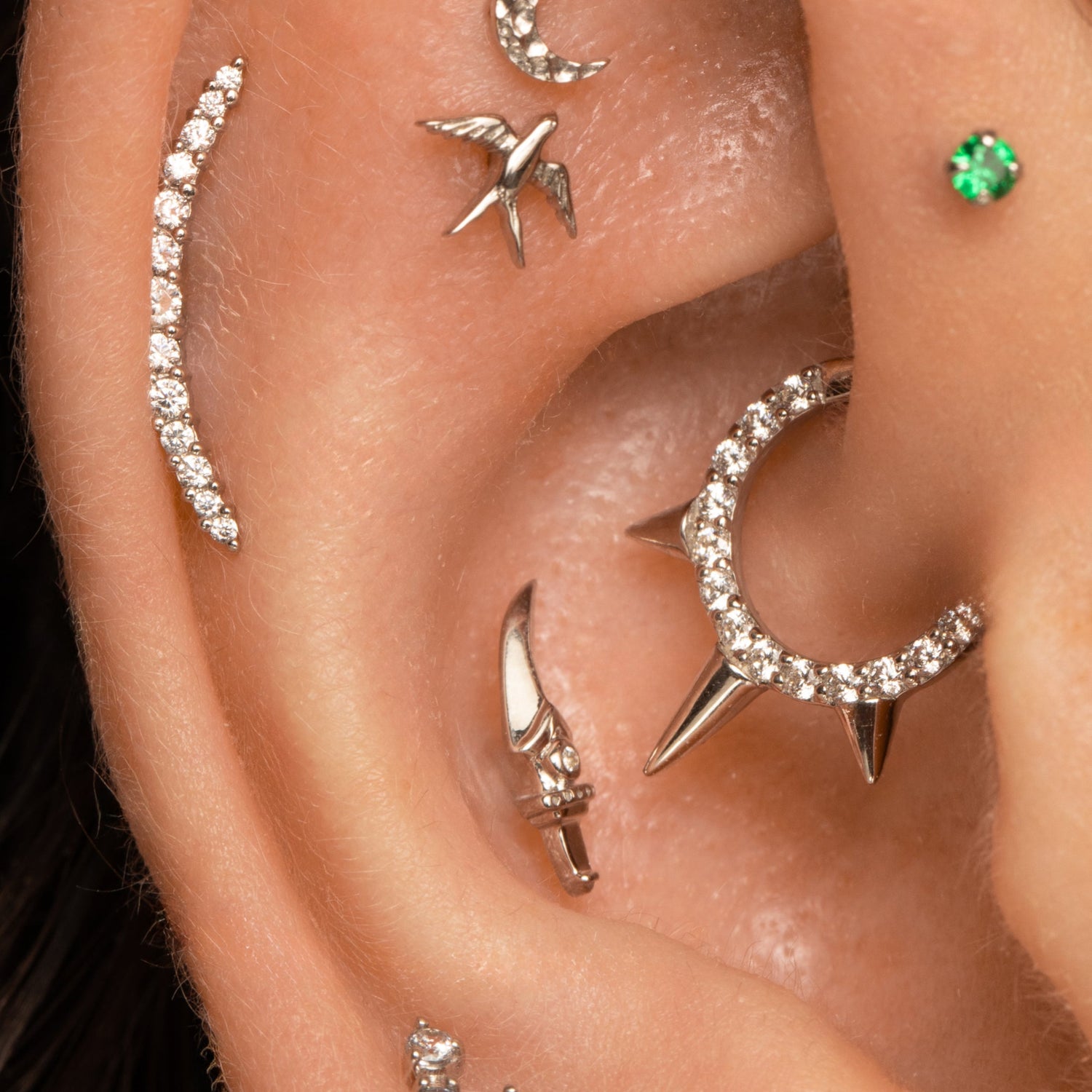 Laura Bond Jewellery Bold and Gold Edinburgh 9k solid white gold crystal triple spike clicker hoop earring for daith or septum 8mm Huggies and Hoops