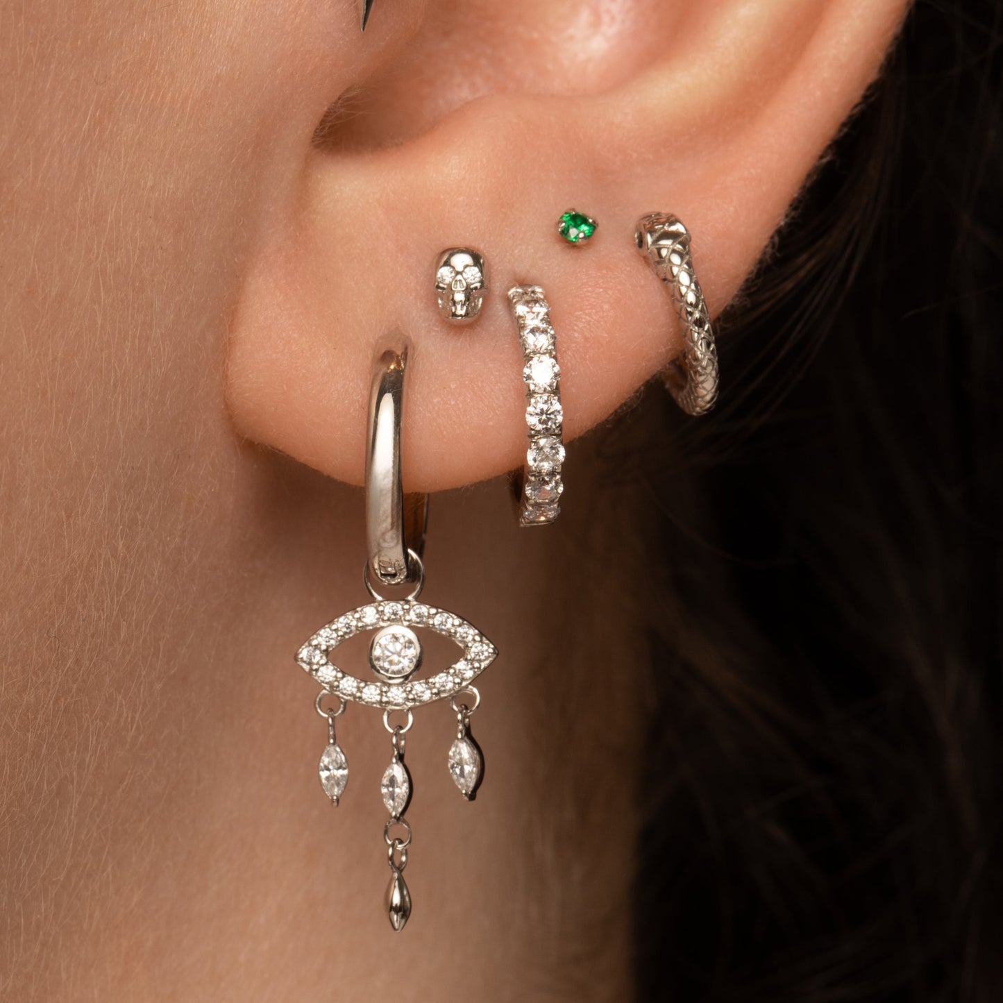 Laura Bond Jewellery 9k solid white gold Ouroboros Snake clicker hoop earring Huggies and Hoops