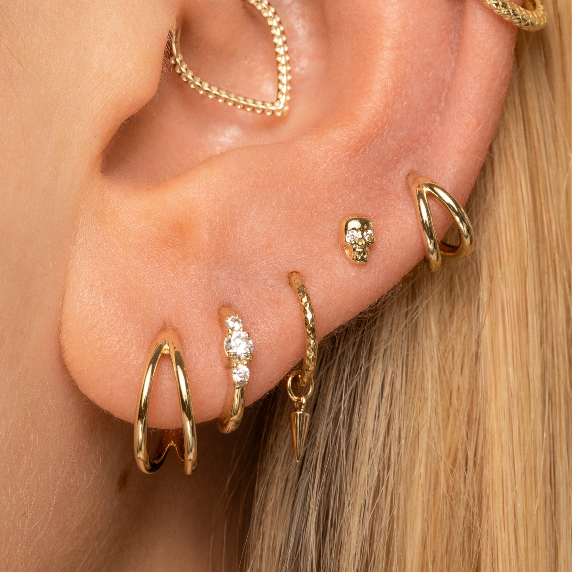 Laura Bond Jewellery 9k solid yellow gold Sparkling Skull labret stud earring Cartilage Studs