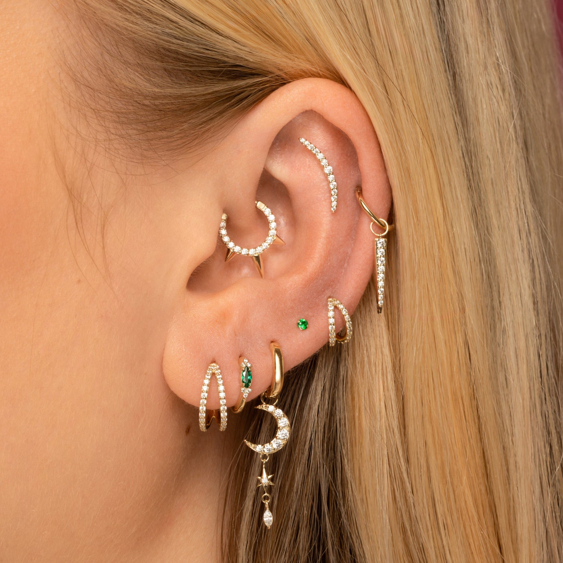Laura Bond Jewellery Bold and Gold Edinburgh 9k solid yellow gold Ivy marquise 8mm huggie hoop earring Huggies and Hoops