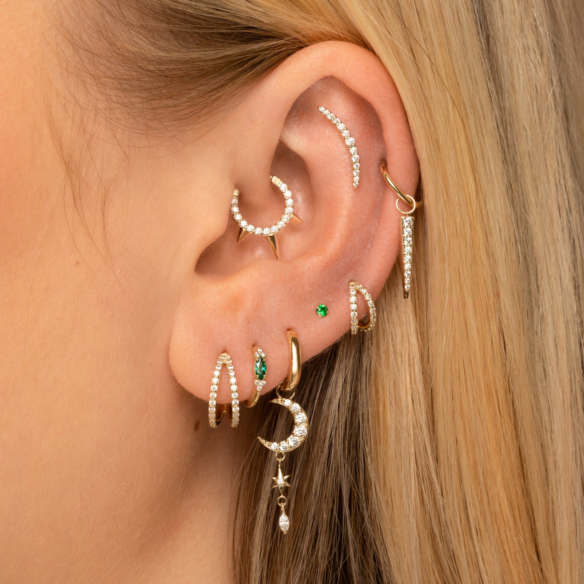 Laura Bond Jewellery 9k solid yellow gold double crystal clicker clicker hoop earring Huggies and Hoops