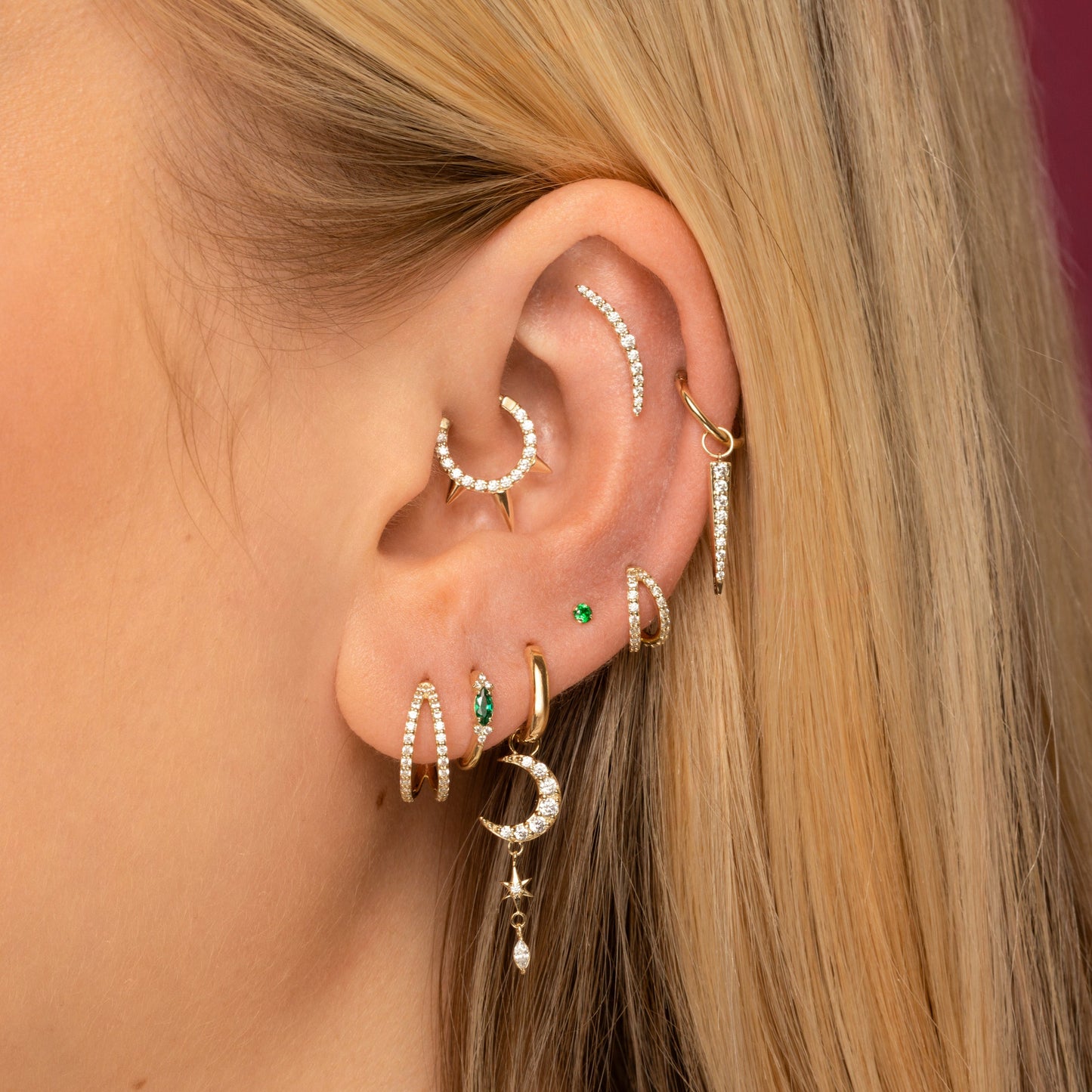 Laura Bond Jewellery 9k solid yellow gold crystal triple spike clicker hoop earring for daith or septum 8mm Huggies and Hoops