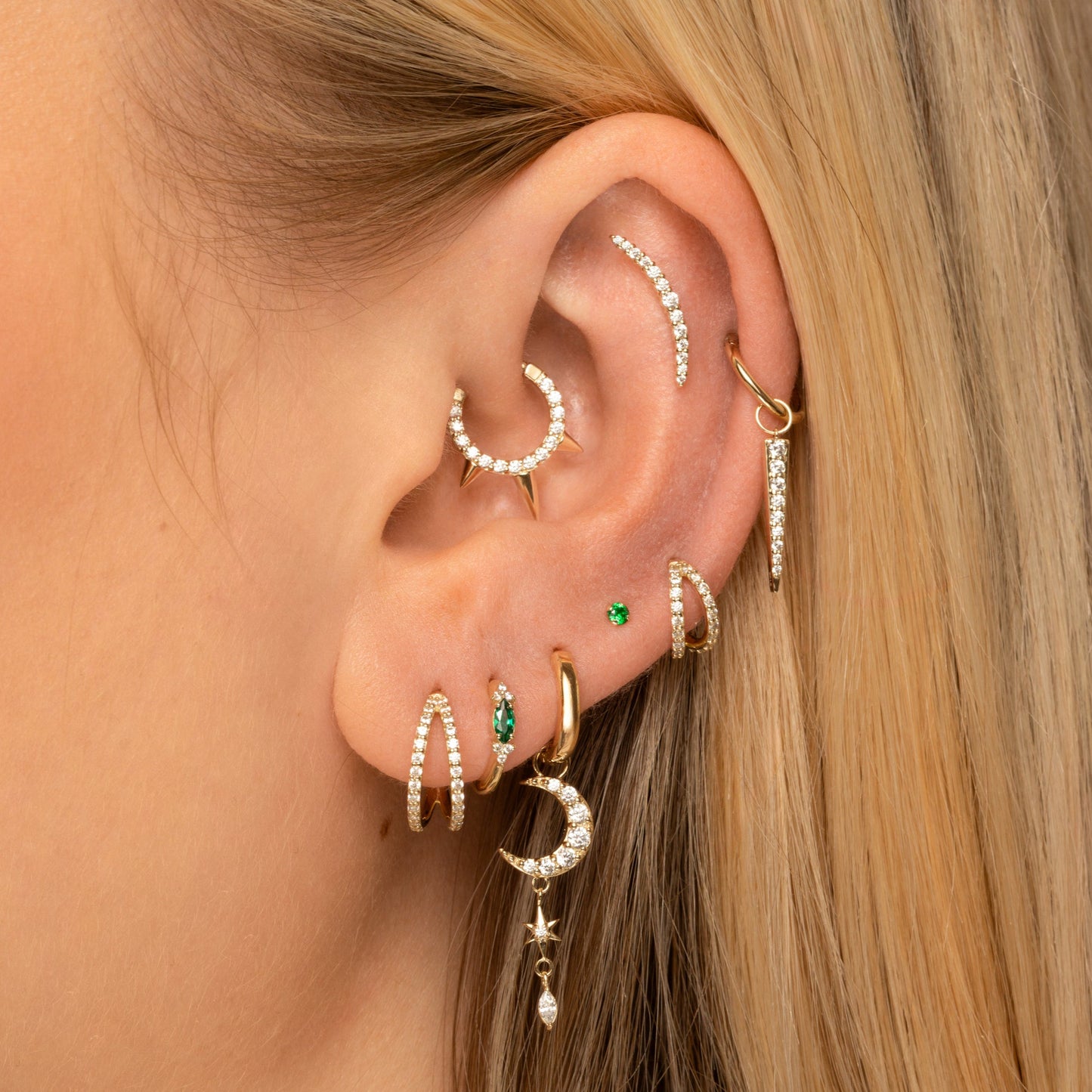 Laura Bond Jewellery 9k solid yellow gold tiny green crystal gem 2mm flat back labret stud earring Cartilage Studs