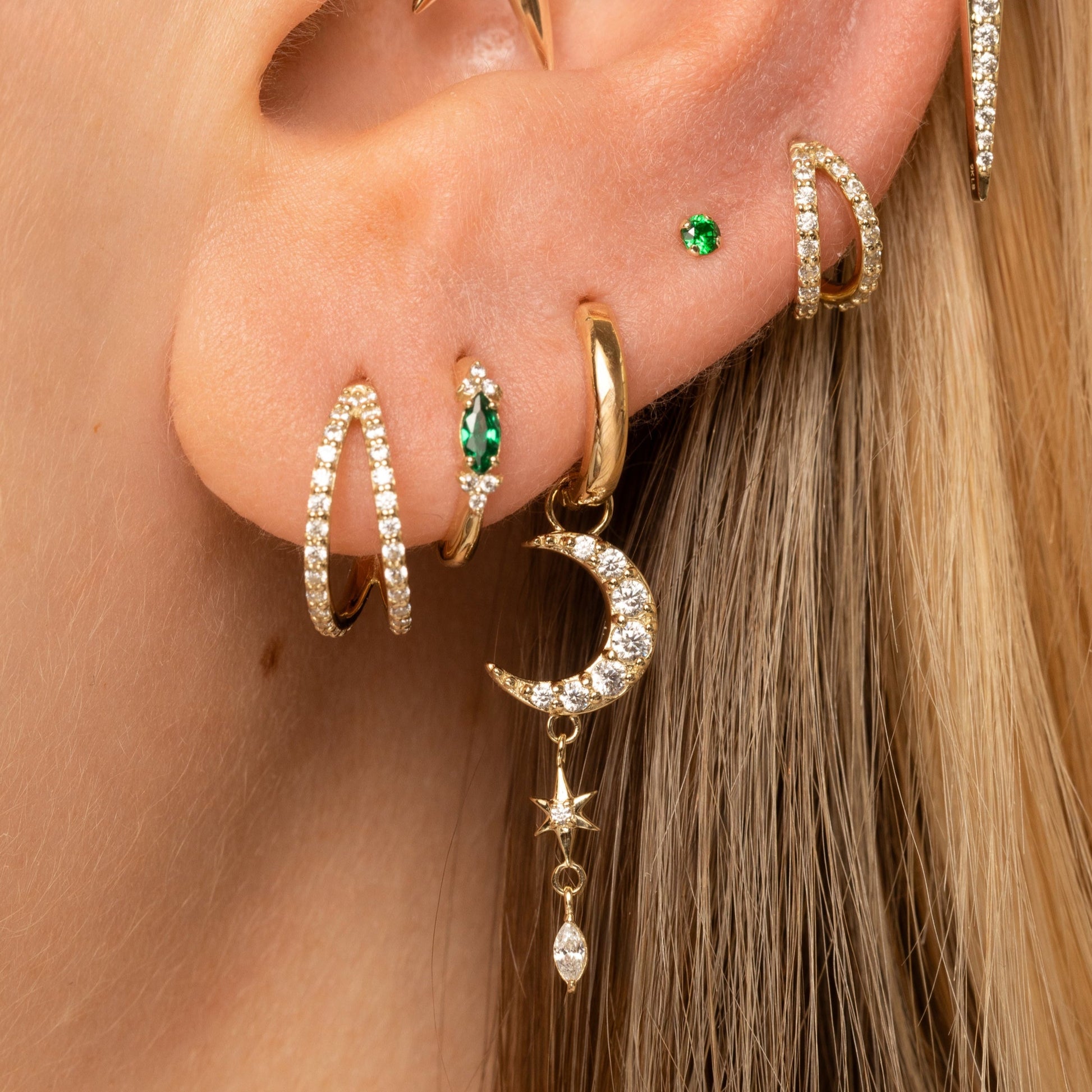Laura Bond Jewellery Bold and Gold Edinburgh 9k solid yellow gold Ivy marquise 8mm huggie hoop earring Huggies and Hoops