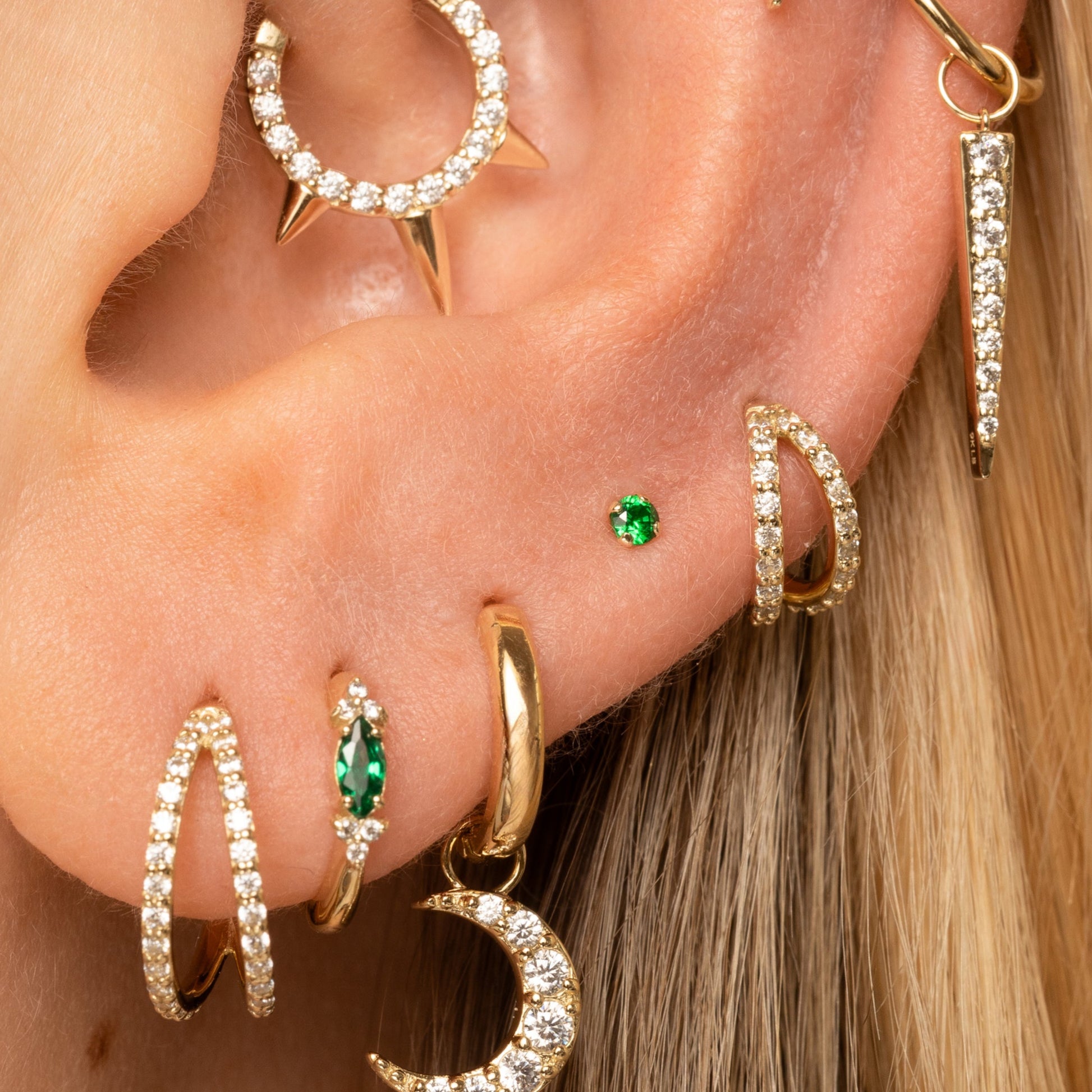 Laura Bond Jewellery 9k solid yellow gold tiny green crystal gem 2mm flat back labret stud earring Cartilage Studs