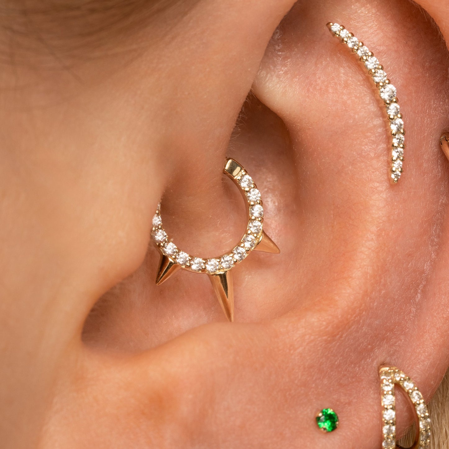 Laura Bond Jewellery 9k solid yellow gold crystal triple spike clicker hoop earring for daith or septum 8mm Huggies and Hoops