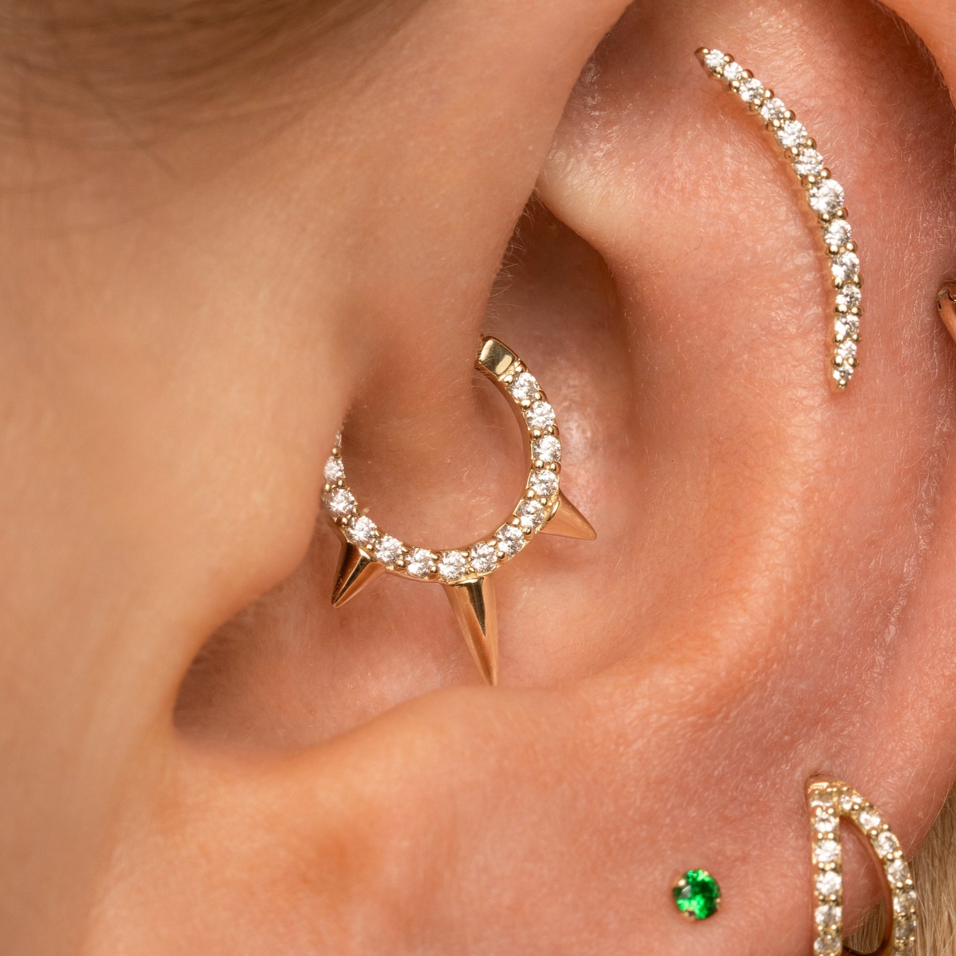 Laura Bond Jewellery 9k solid yellow gold crystal triple spike clicker hoop earring for daith or septum 8mm Huggies and Hoops