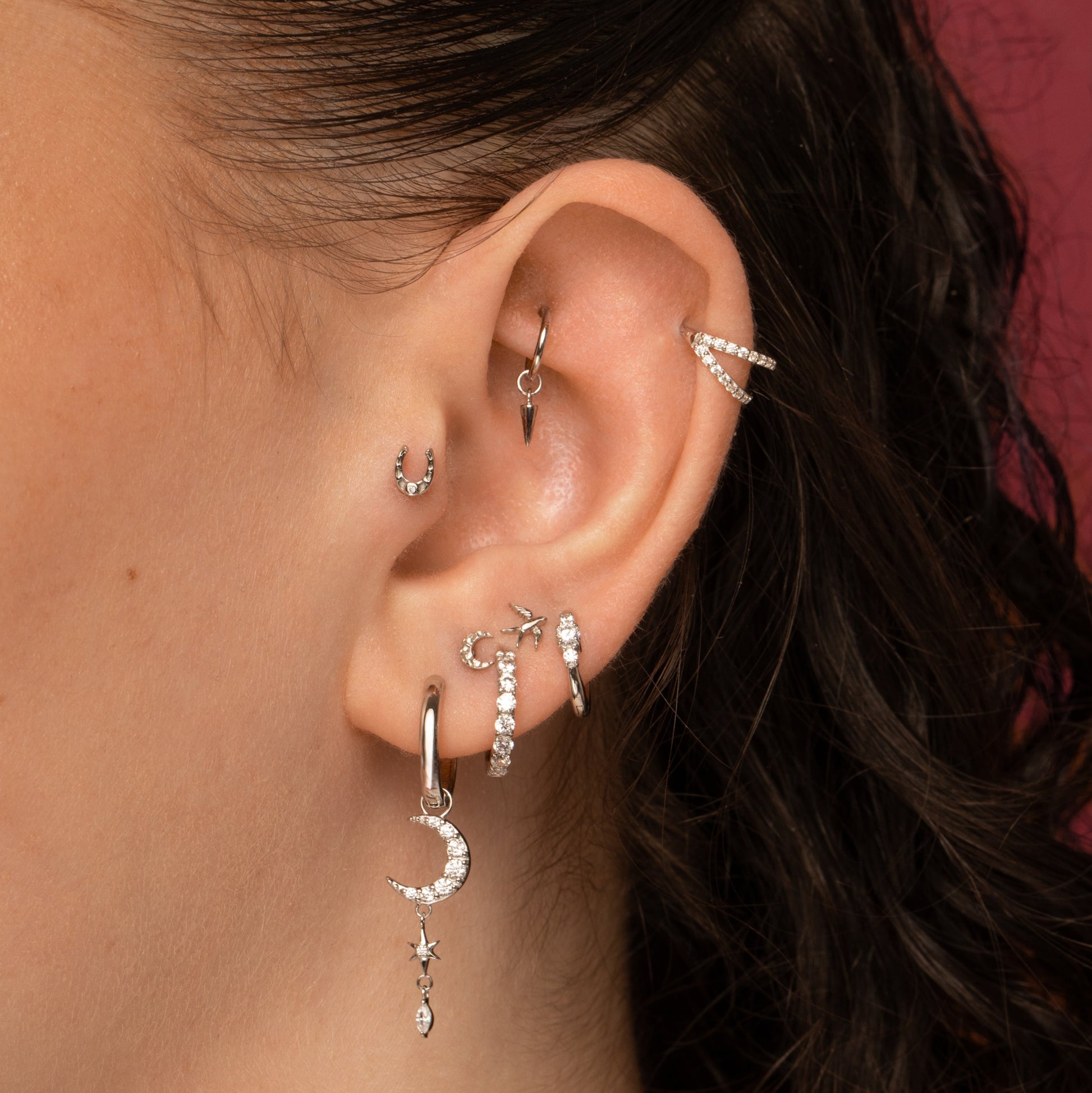 Laura Bond Jewellery 9k solid white gold hammered moon flat back labret stud earring Cartilage Studs