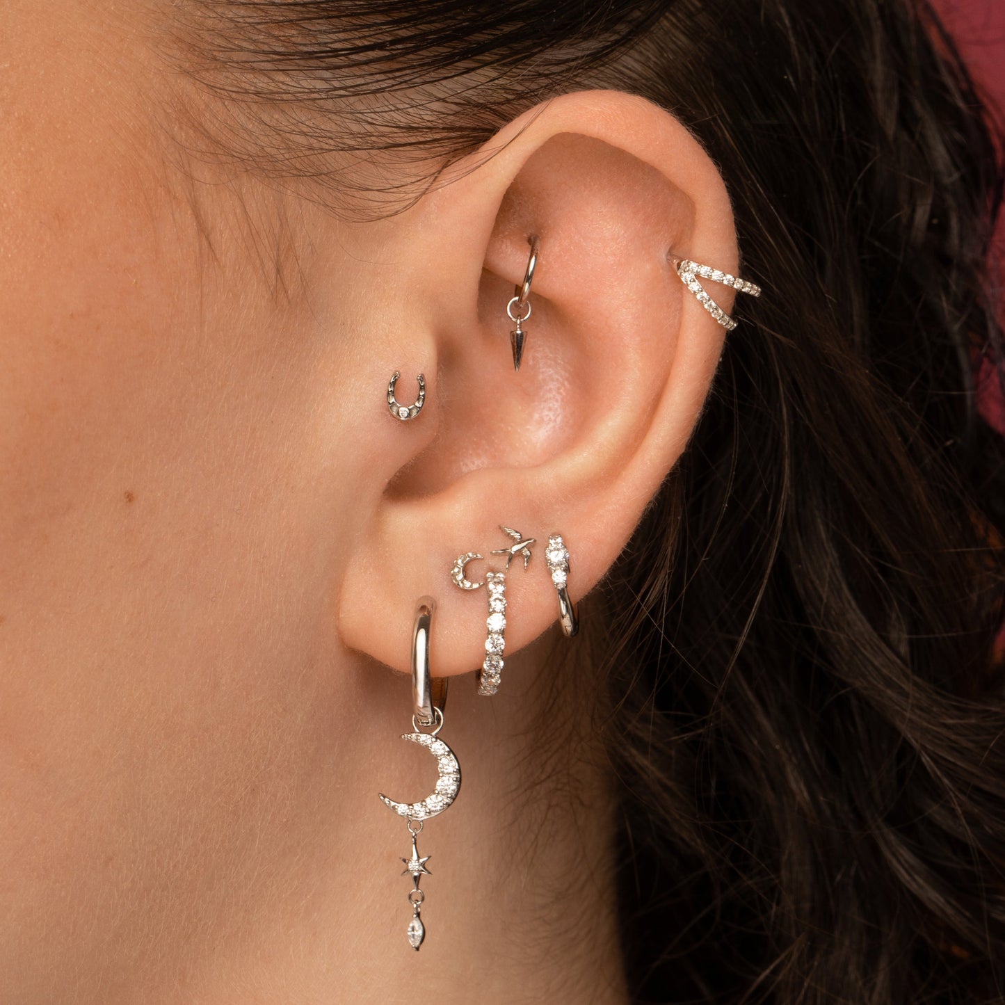 Laura Bond Jewellery 9k solid white gold Lucky horseshoe flat back labret stud earring Cartilage Studs