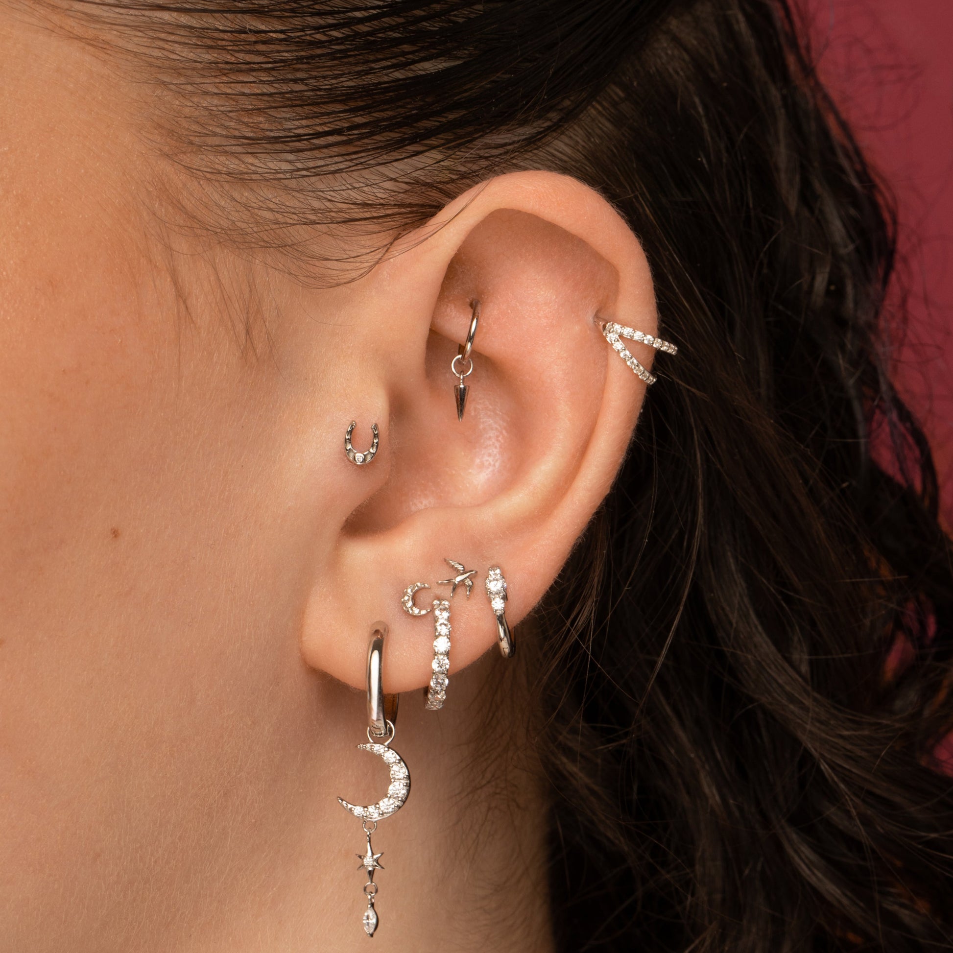 Laura Bond Jewellery 9k solid white gold dainty three stone 8mm huggie hoop earring Huggies and Hoops