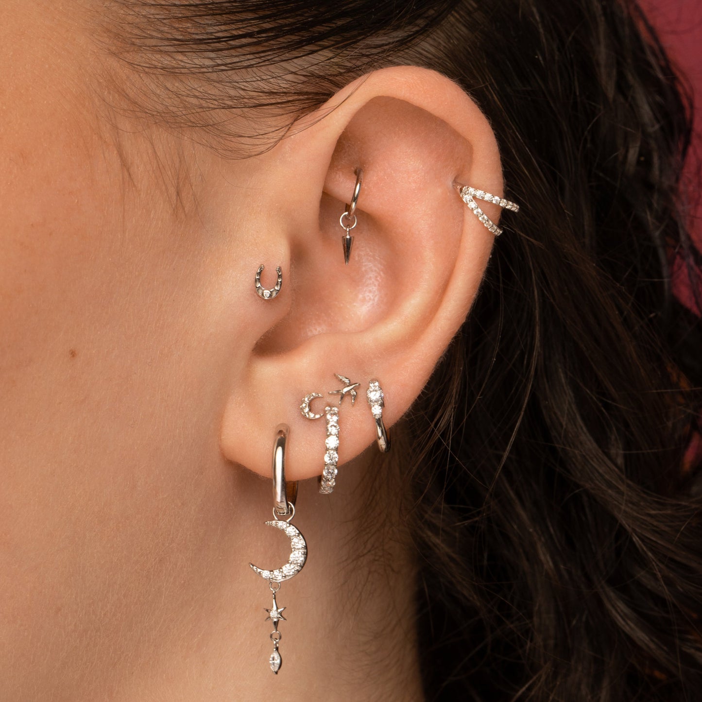 Laura Bond Jewellery 9k solid white gold double crystal clicker clicker hoop earring Huggies and Hoops