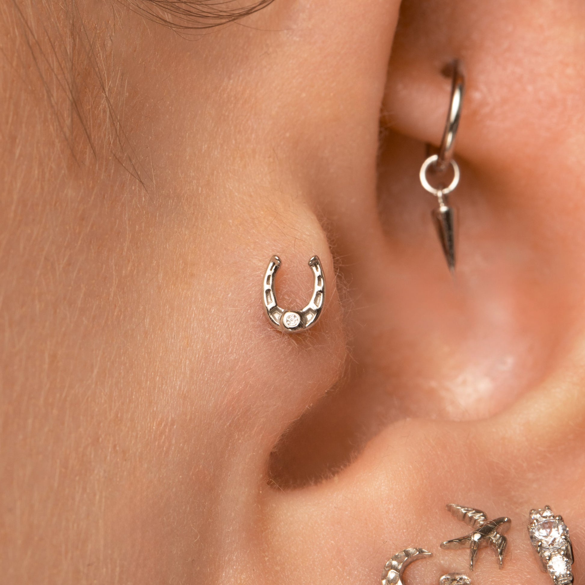 Laura Bond Jewellery 9k solid white gold Lucky horseshoe flat back labret stud earring Cartilage Studs