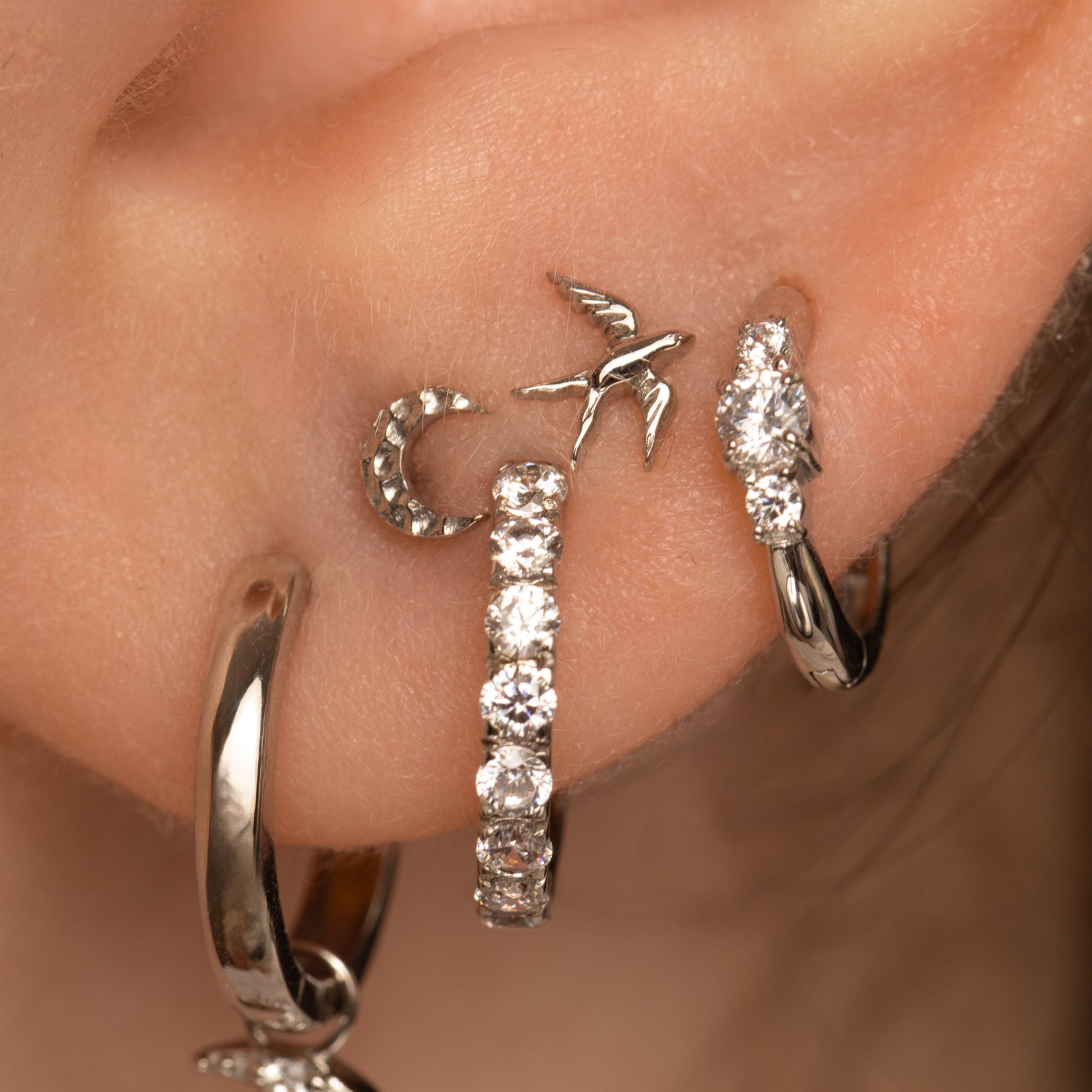 Laura Bond Jewellery 9k solid white gold dainty three stone 8mm huggie hoop earring Huggies and Hoops