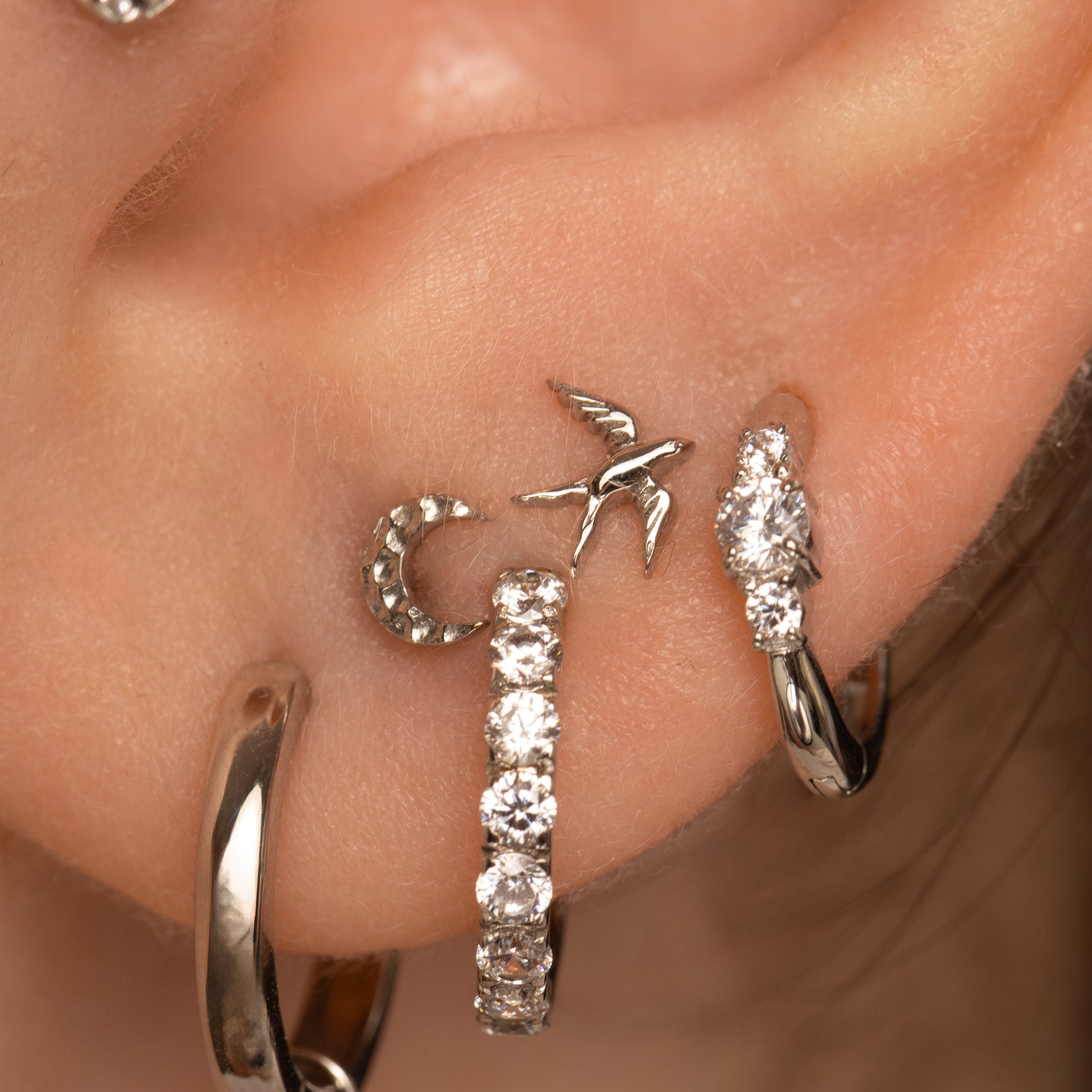 Laura Bond Jewellery 9k solid white gold hammered moon flat back labret stud earring Cartilage Studs