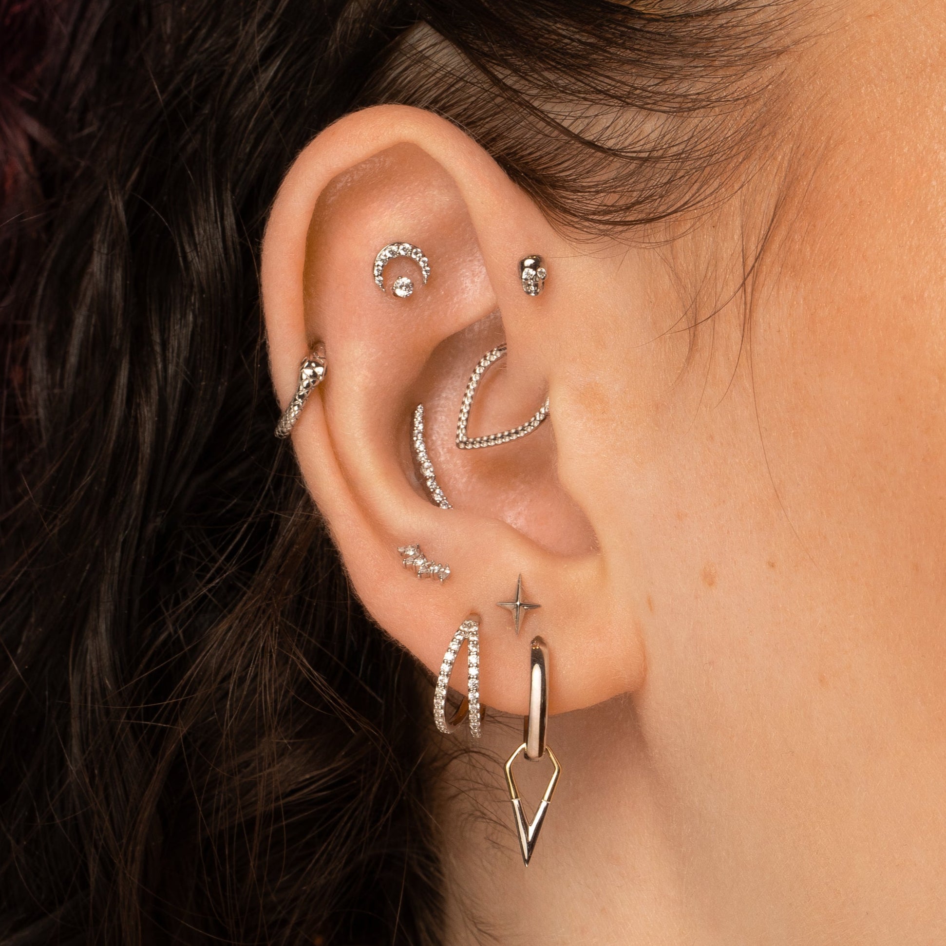 Laura Bond Jewellery 9k solid white gold Sparkling Skull labret stud earring Cartilage Studs