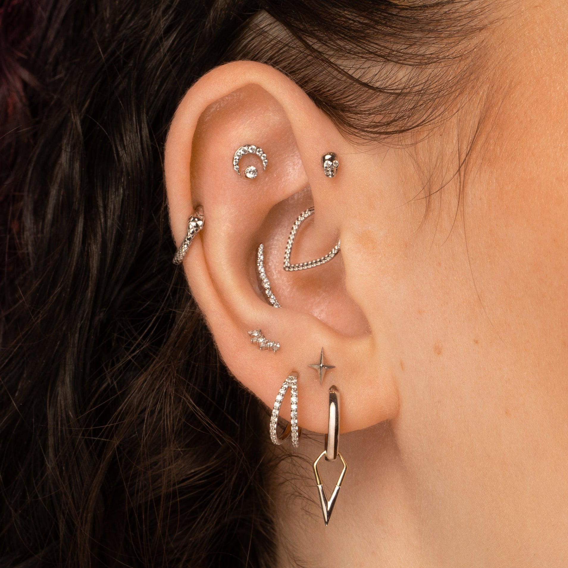 Laura Bond Jewellery 9k solid white gold Ouroboros Snake clicker hoop earring Huggies and Hoops