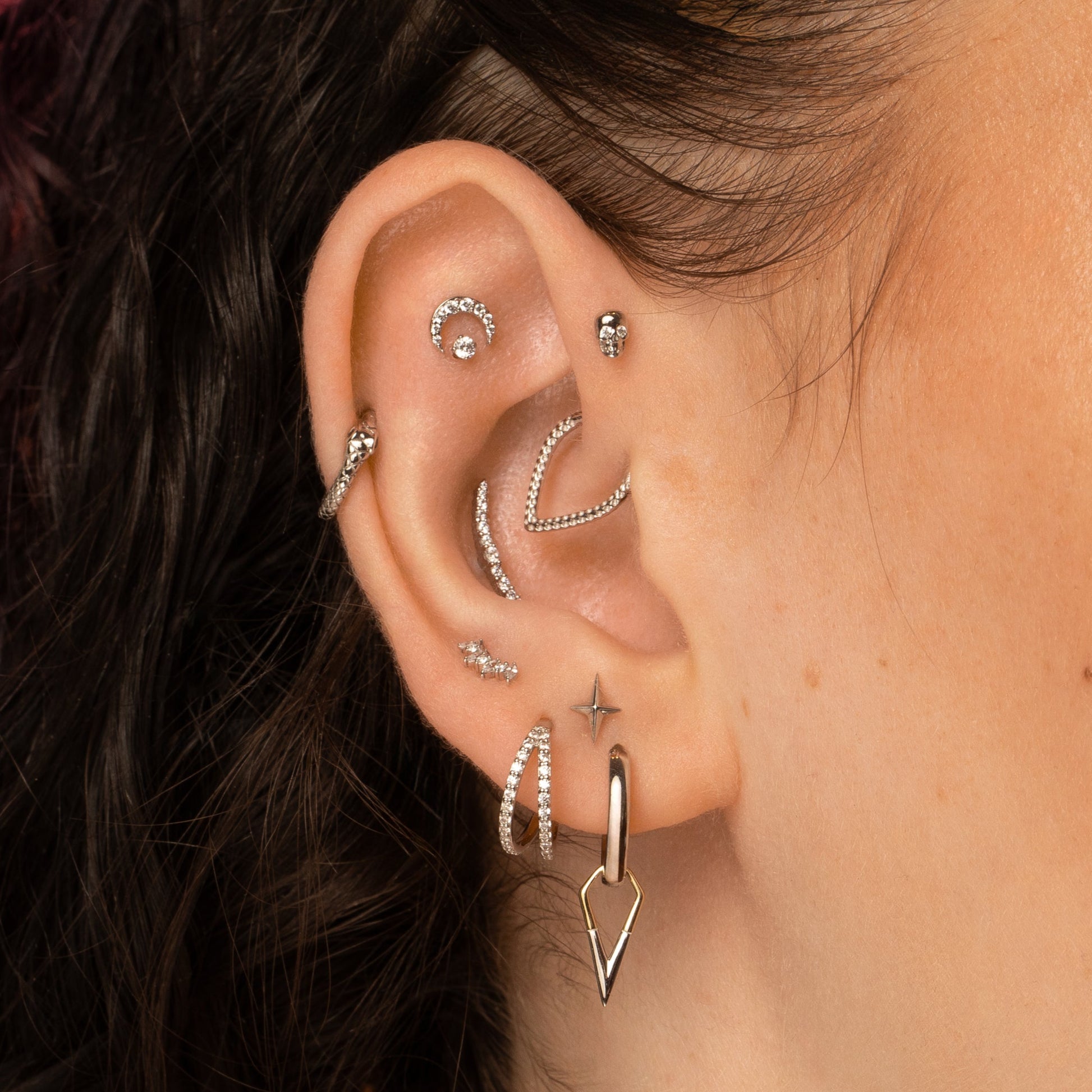 Laura Bond Jewellery 9k solid white gold Lunette moon flat back labret stud earring Cartilage Studs