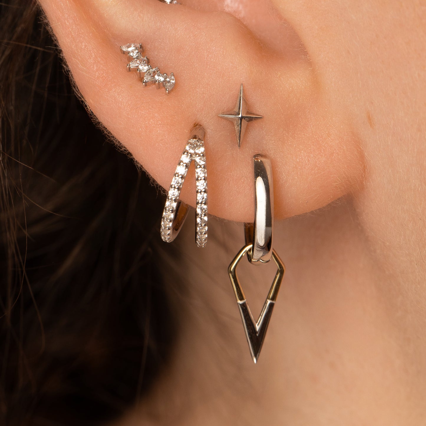 Laura Bond Jewellery 9k solid white gold double crystal clicker clicker hoop earring Huggies and Hoops