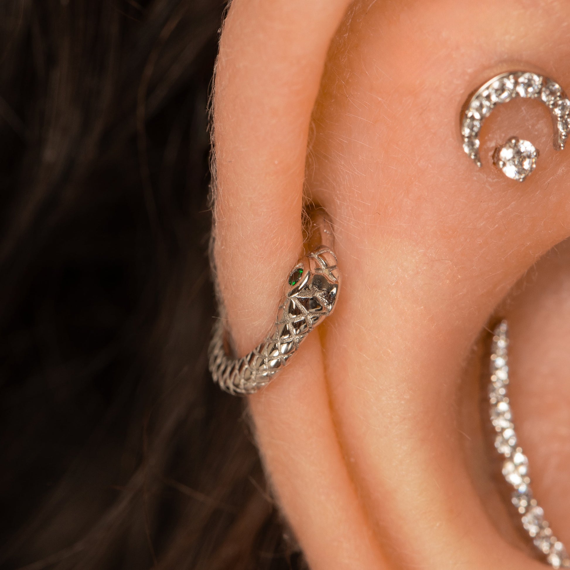 Laura Bond Jewellery 9k solid white gold Ouroboros Snake clicker hoop earring Huggies and Hoops