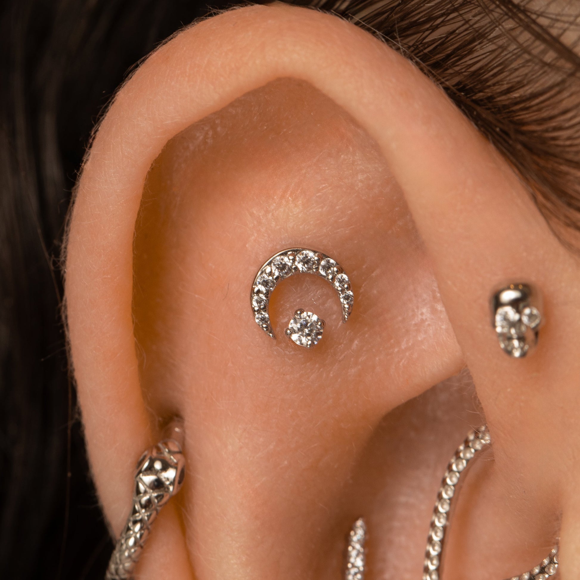 Laura Bond Jewellery 9k solid white gold Lunette moon flat back labret stud earring Cartilage Studs