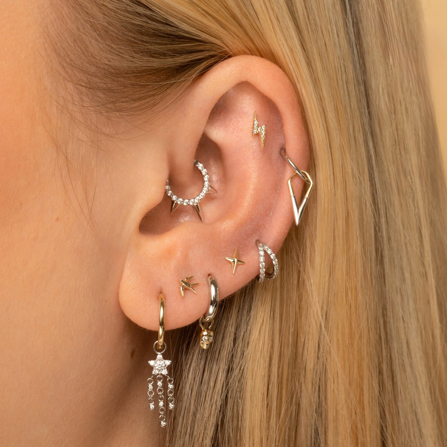 Laura Bond Jewellery 14k solid yellow gold Flash lightning bolt flat back labret stud earring Cartilage Studs