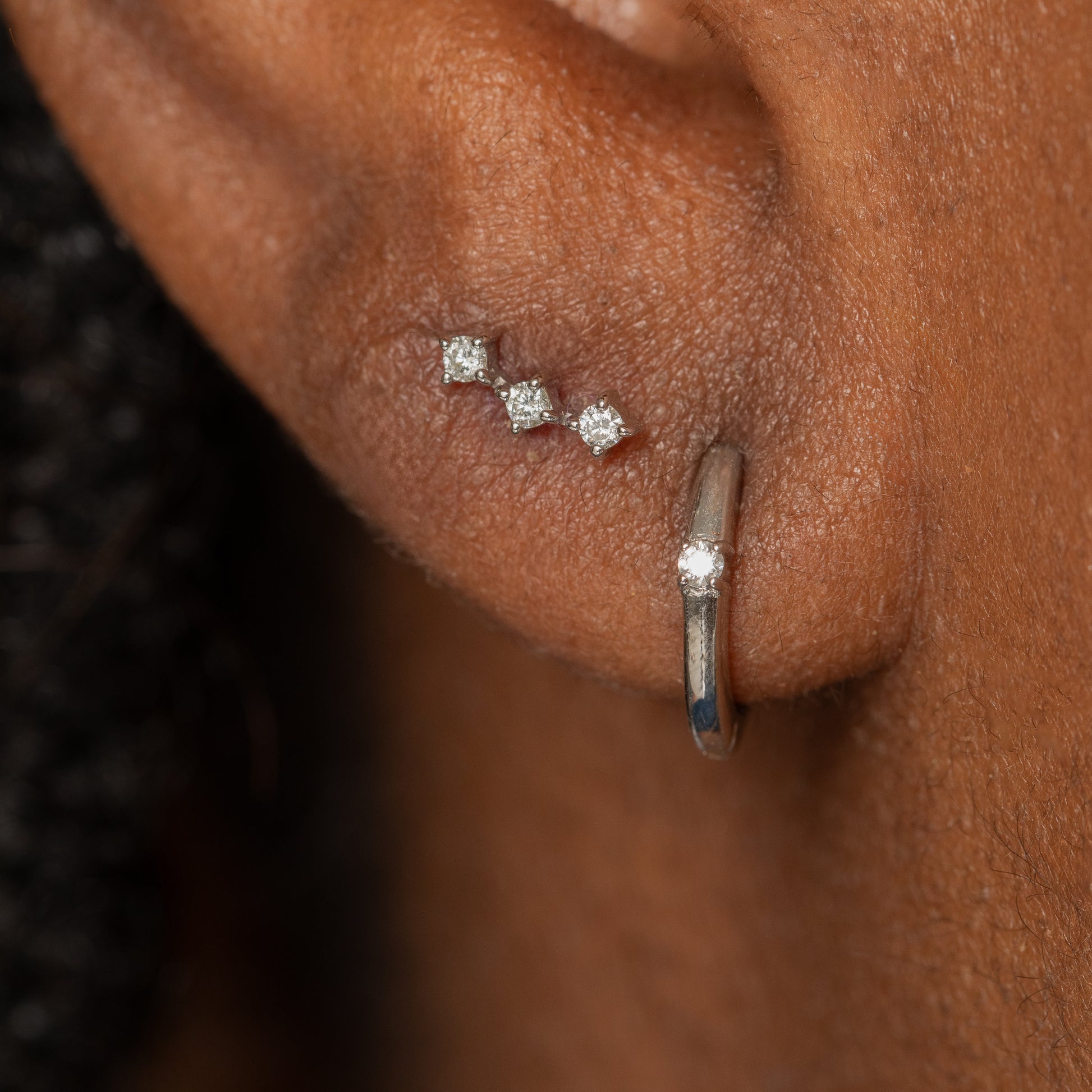Laura Bond Jewellery 14k solid white gold diamond trinity flat back labret stud earring Cartilage Studs