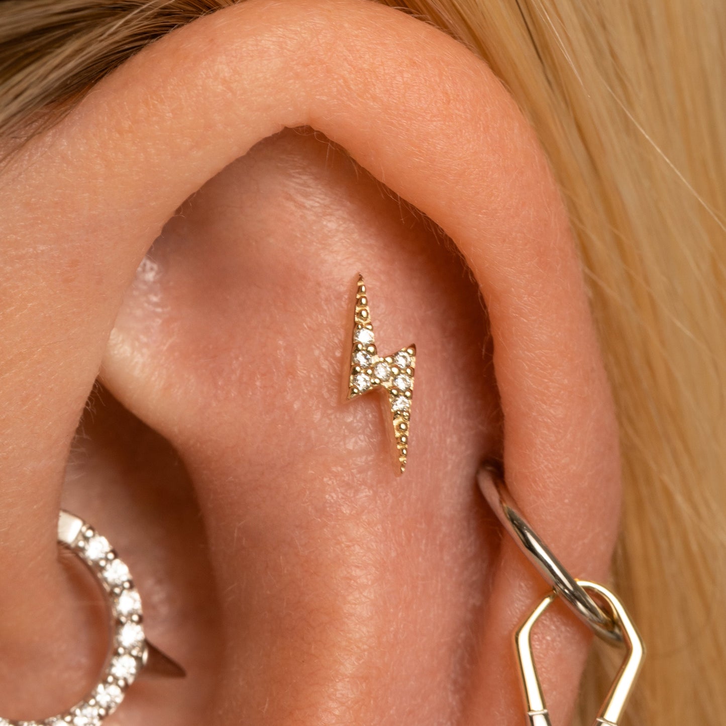 Laura Bond Jewellery 14k solid yellow gold Flash lightning bolt flat back labret stud earring Cartilage Studs