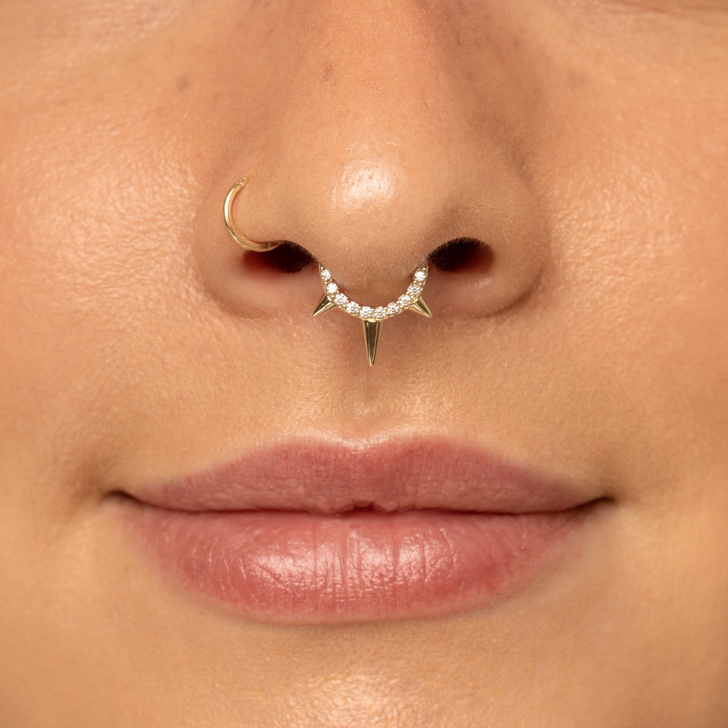 Laura Bond Jewellery Bold and Gold Edinburgh 9k solid yellow gold crystal triple spike clicker hoop earring for daith or septum 8mm Huggies and Hoops