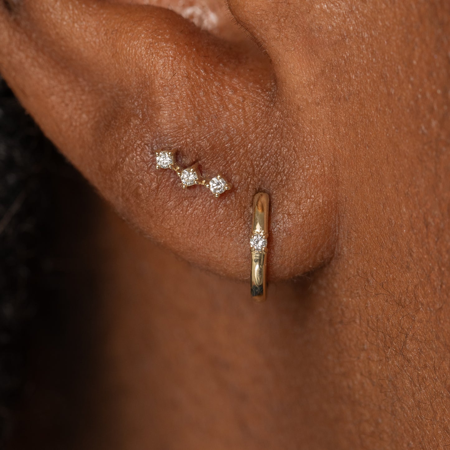 Laura Bond Jewellery 14k solid yellow gold diamond trinity flat back labret stud earring Cartilage Studs