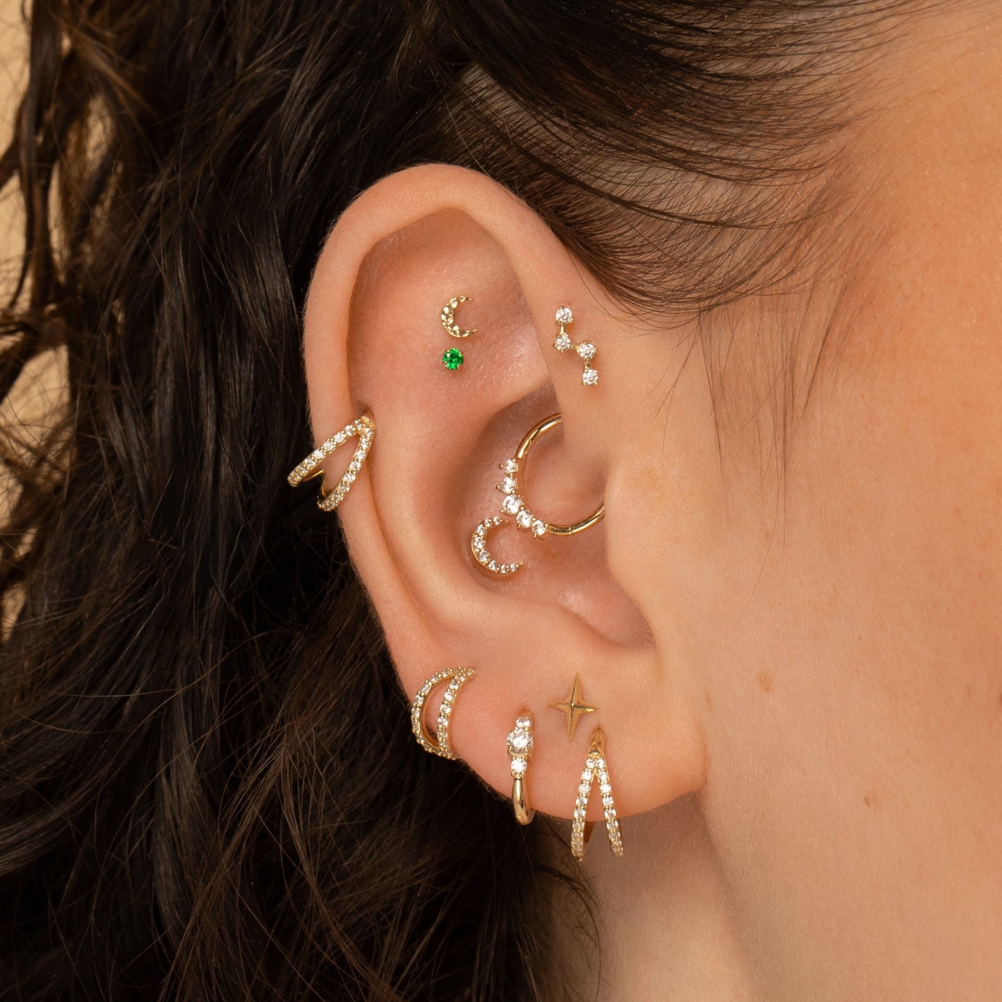 Laura Bond Jewellery Bold and Gold Edinburgh 9k solid yellow gold dainty three stone 8mm huggie hoop earring Huggies and Hoops