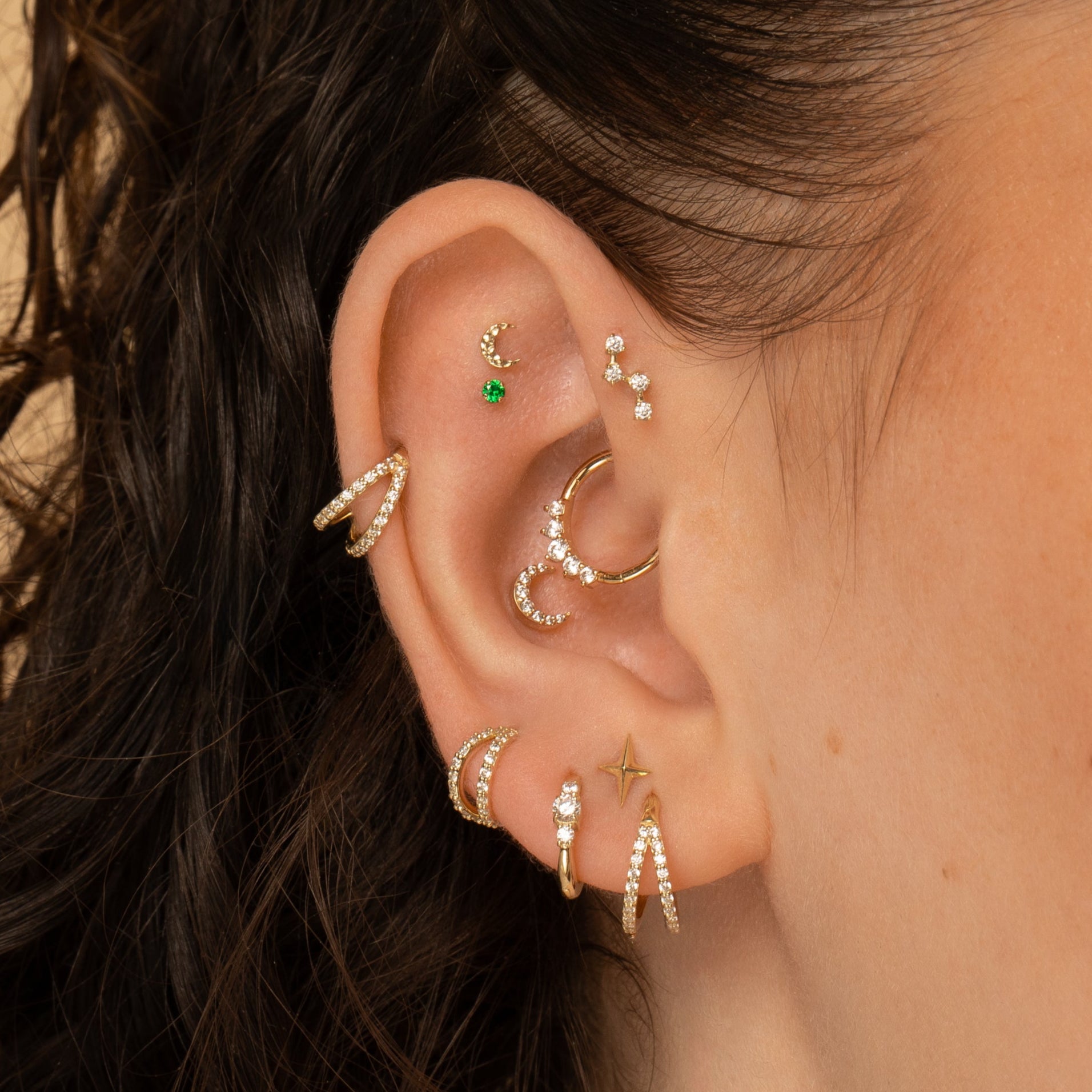 Laura Bond Jewellery Bold and Gold Edinburgh 9k solid yellow gold dainty three stone 8mm huggie hoop earring Huggies and Hoops
