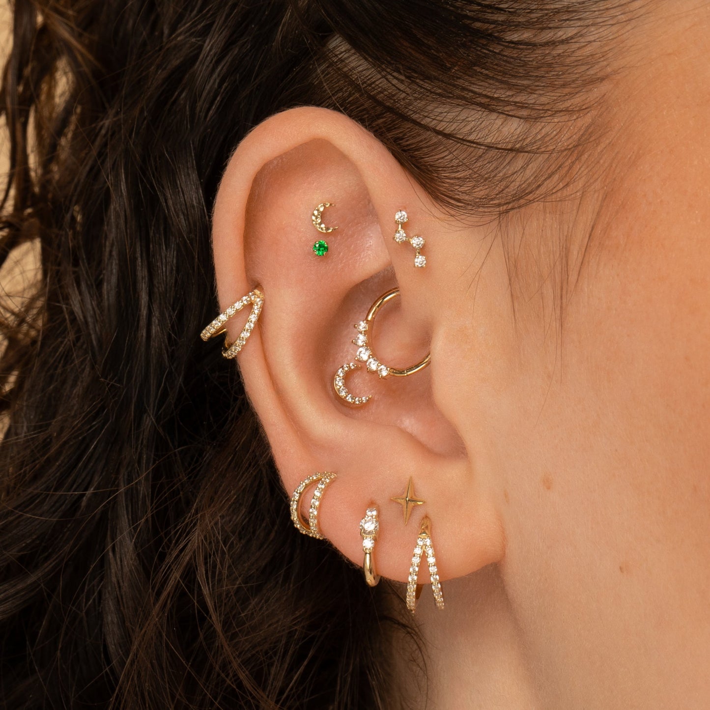 Laura Bond Jewellery 9k solid yellow gold Lunette moon flat back labret stud earring Cartilage Studs