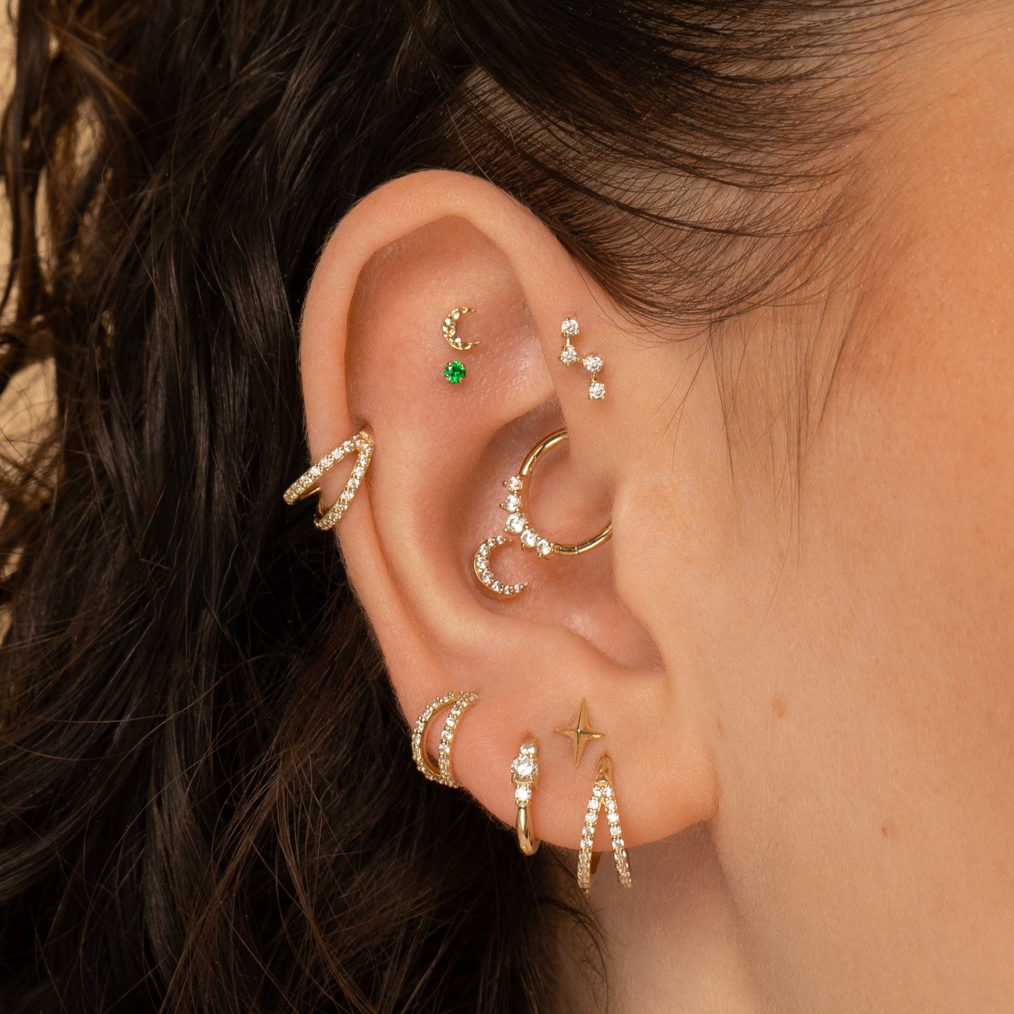 Laura Bond Jewellery 9k solid yellow gold tiny green crystal gem 2mm flat back labret stud earring Cartilage Studs