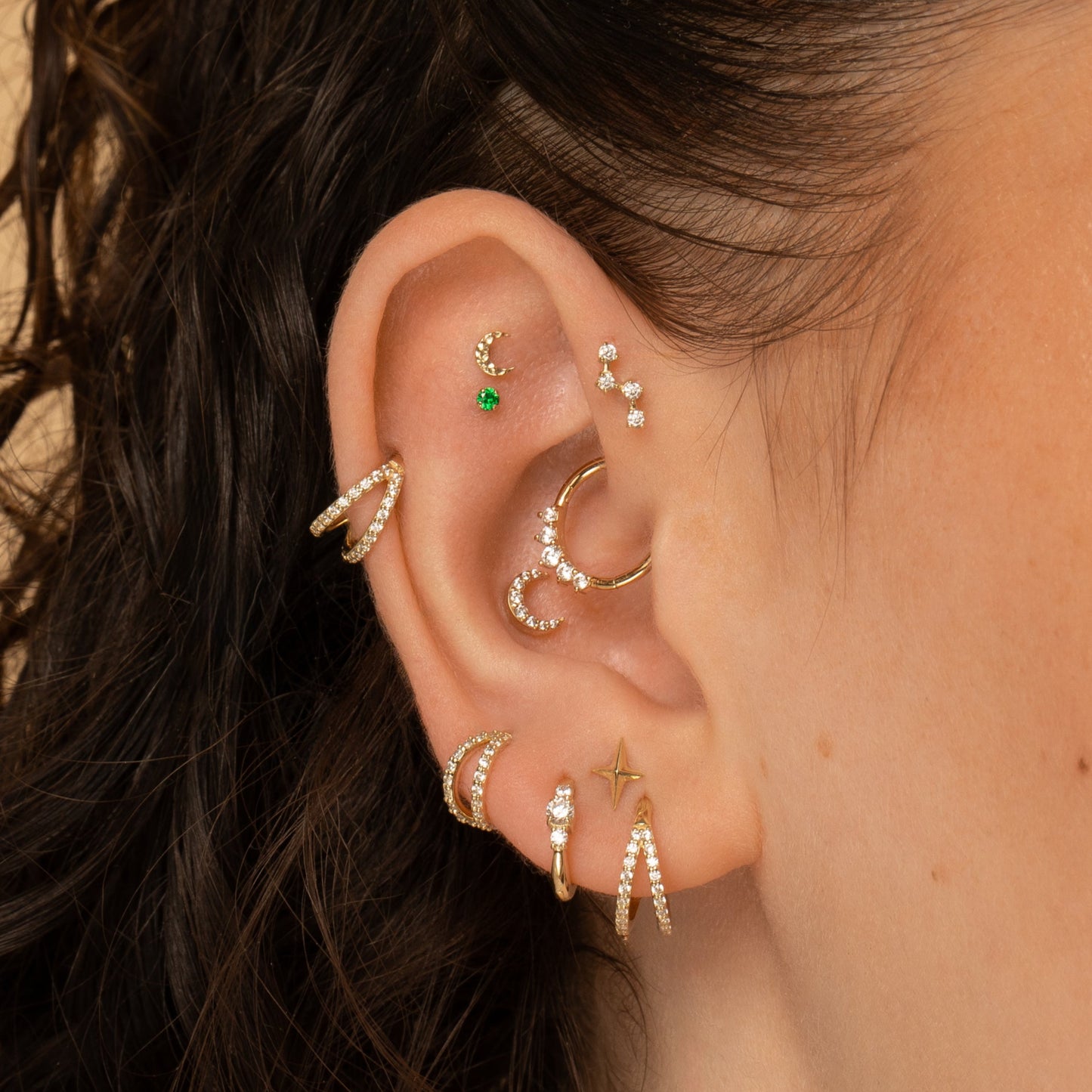 Laura Bond Jewellery 9k solid yellow gold hammered moon flat back labret stud earring Cartilage Studs