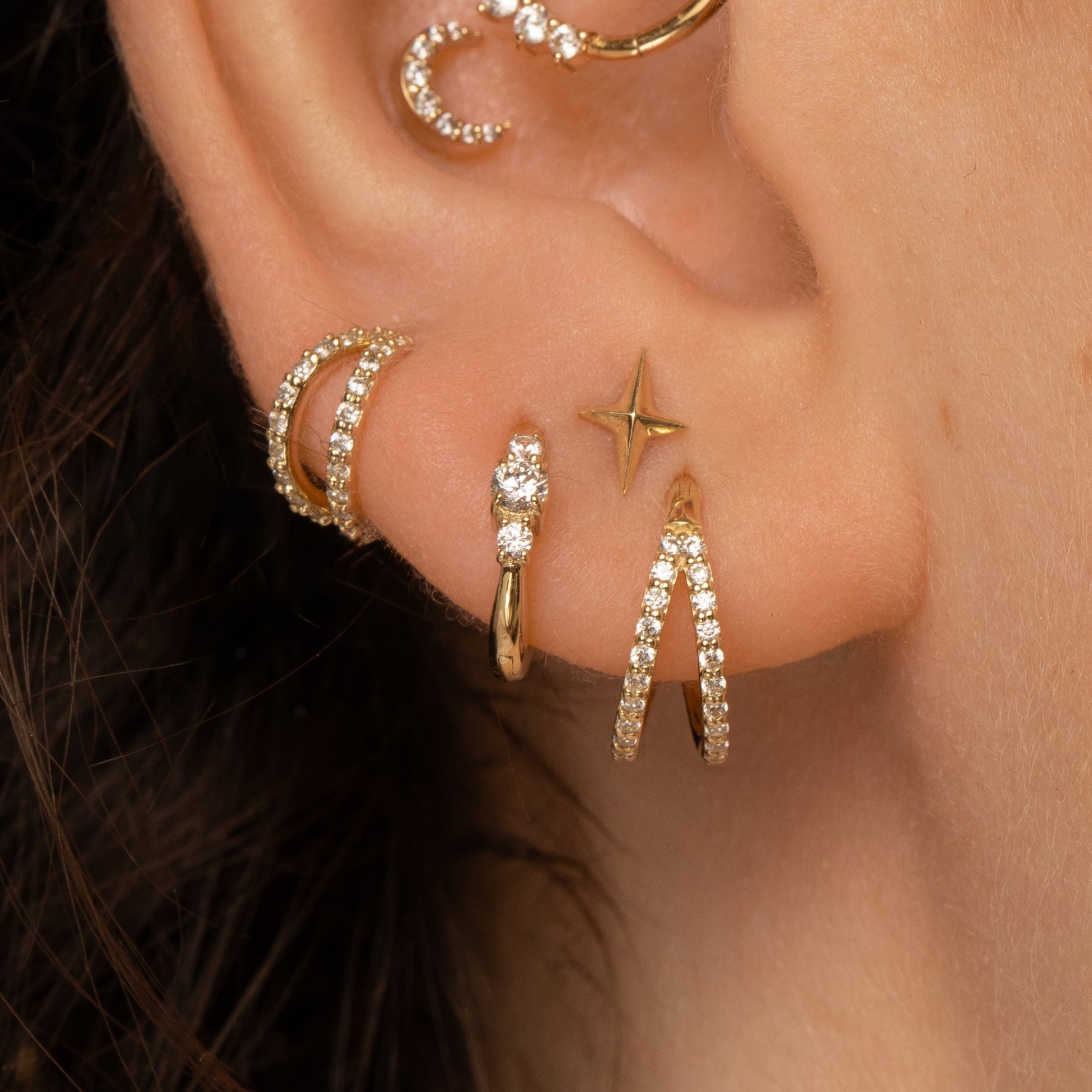 Laura Bond Jewellery Bold and Gold Edinburgh 9k solid yellow gold dainty three stone 8mm huggie hoop earring Huggies and Hoops