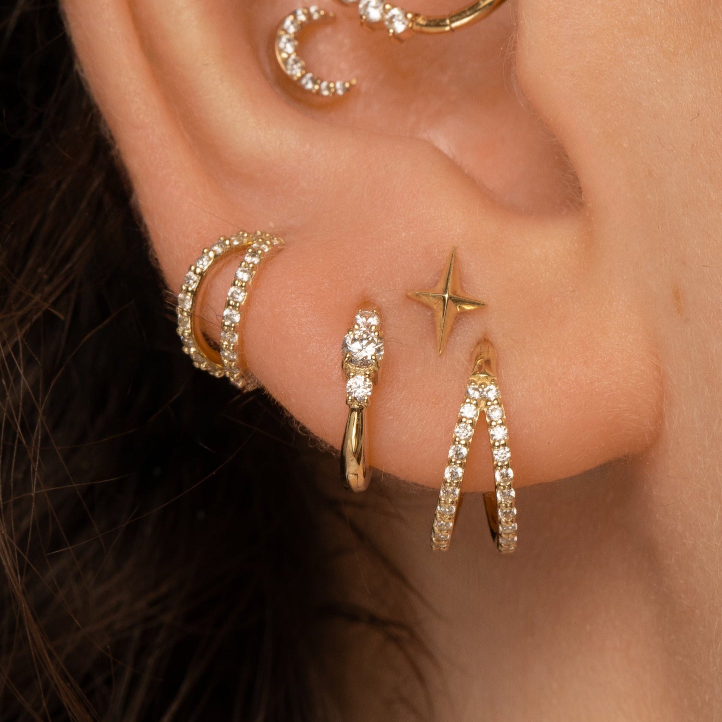 Laura Bond Jewellery 9k solid yellow gold double crystal clicker clicker hoop earring Huggies and Hoops