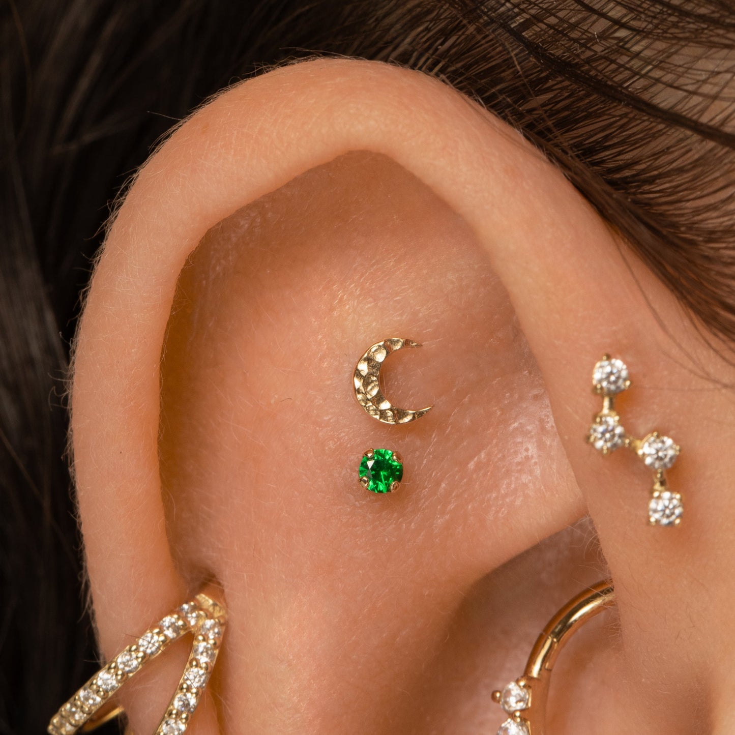 Laura Bond Jewellery 9k solid yellow gold tiny green crystal gem 2mm flat back labret stud earring Cartilage Studs