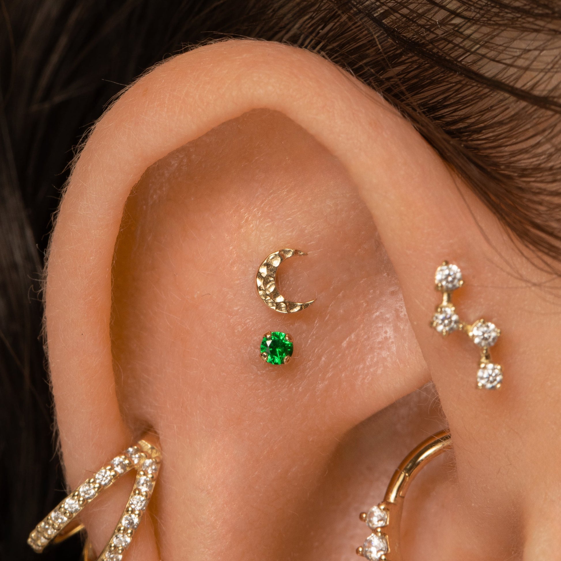 Laura Bond Jewellery 9k solid yellow gold hammered moon flat back labret stud earring Cartilage Studs