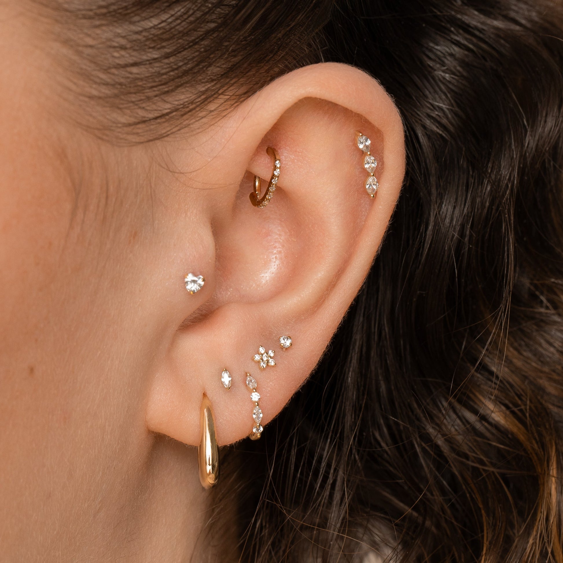 Laura Bond Jewellery 14k solid yellow gold crystal heart flat back labret stud earring Cartilage Studs