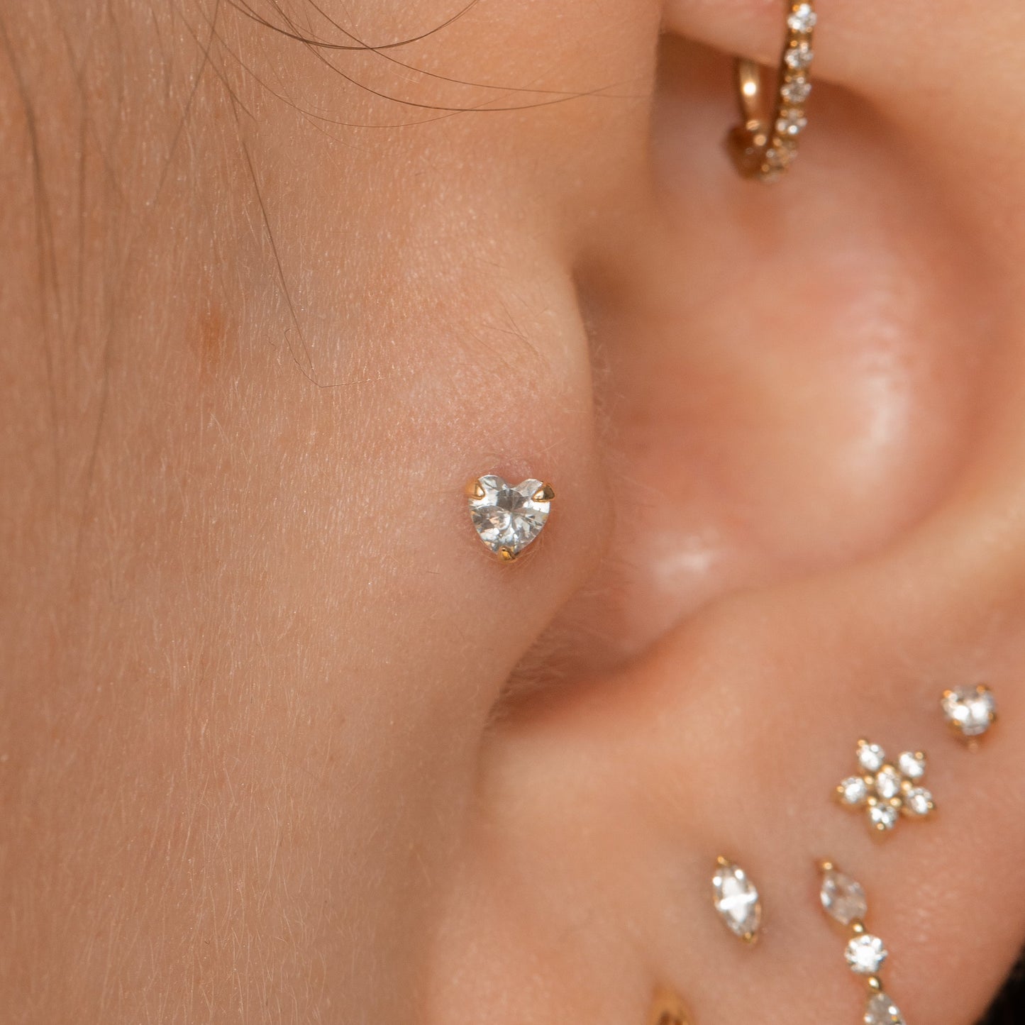 Laura Bond Jewellery 14k solid yellow gold crystal heart flat back labret stud earring Cartilage Studs