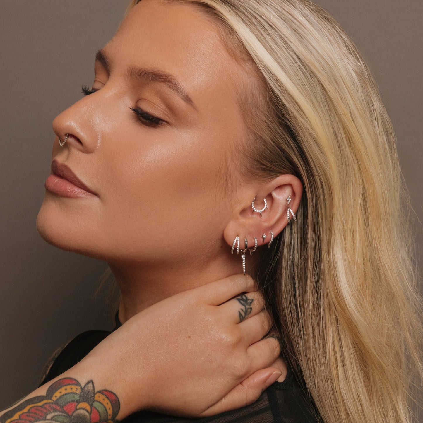 Laura Bond Jewellery 9k solid white gold Flash lightning bolt flat back labret stud earring Cartilage Studs
