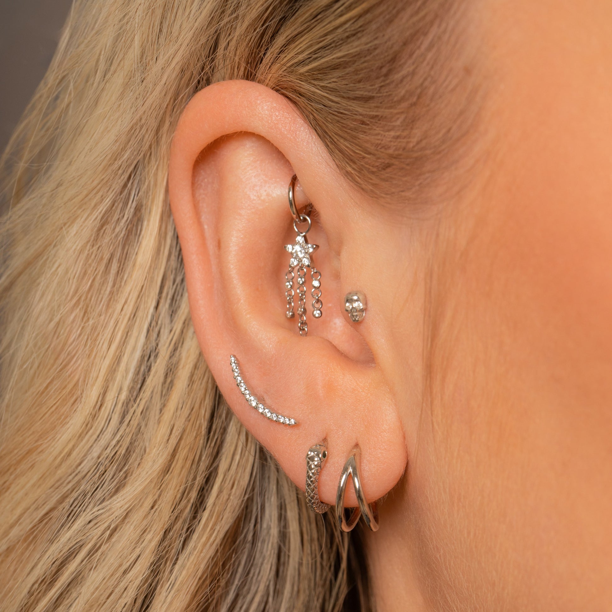 Laura Bond Jewellery 14k solid white gold Aurora curved flat back labret stud earring Cartilage Studs