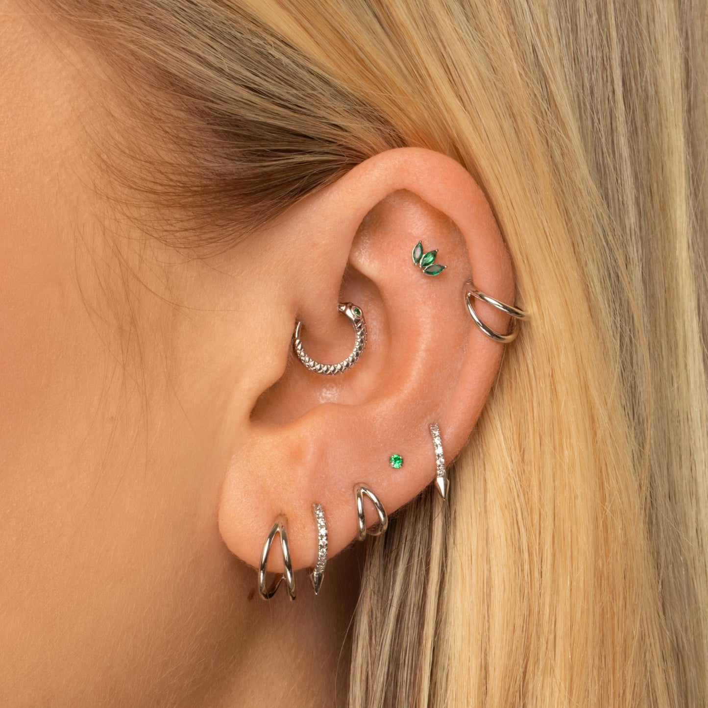 Laura Bond Jewellery 9k solid white gold green lotus flat back labret stud earring Cartilage Studs