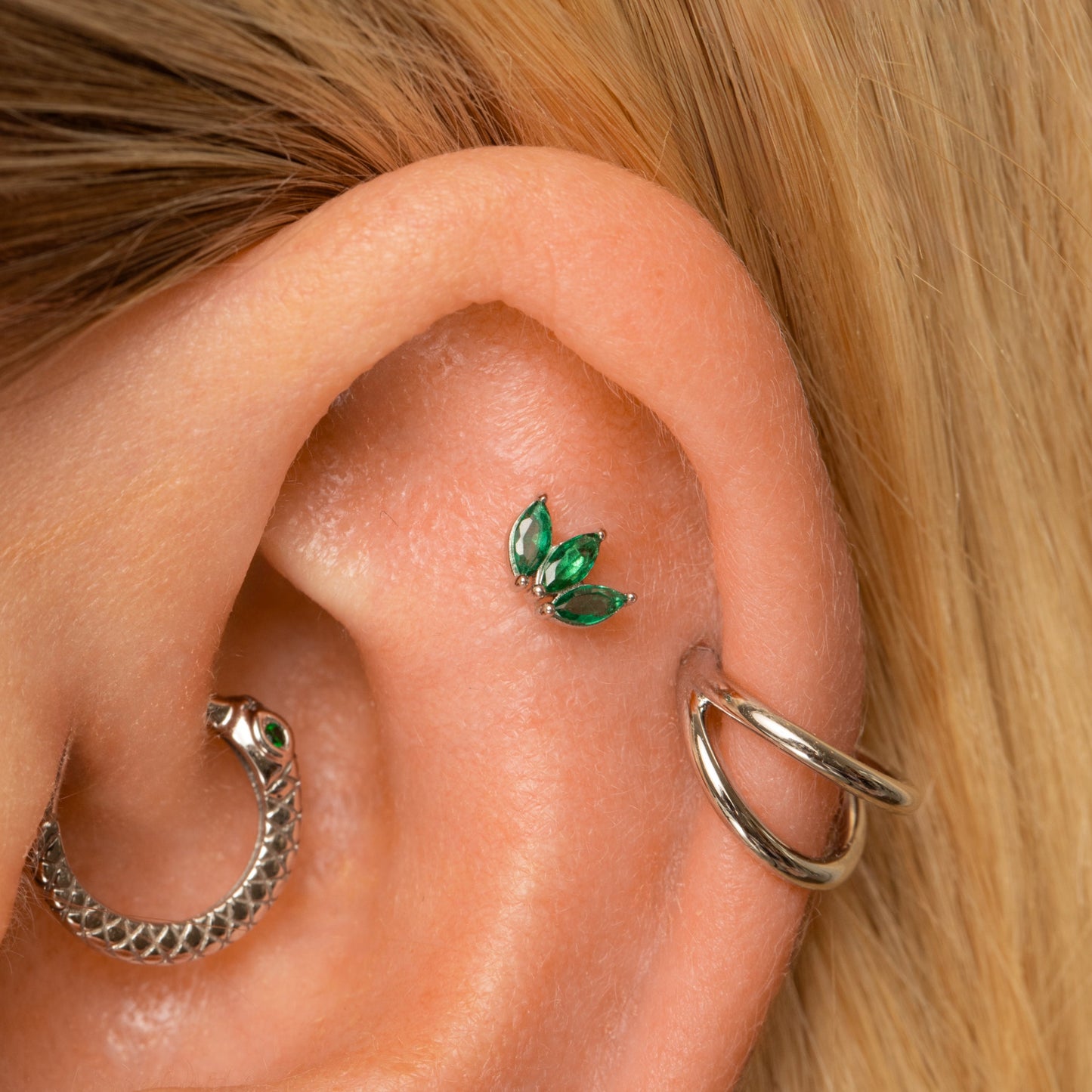 Laura Bond Jewellery 14k solid white gold green lotus flat back labret stud earring Cartilage Studs