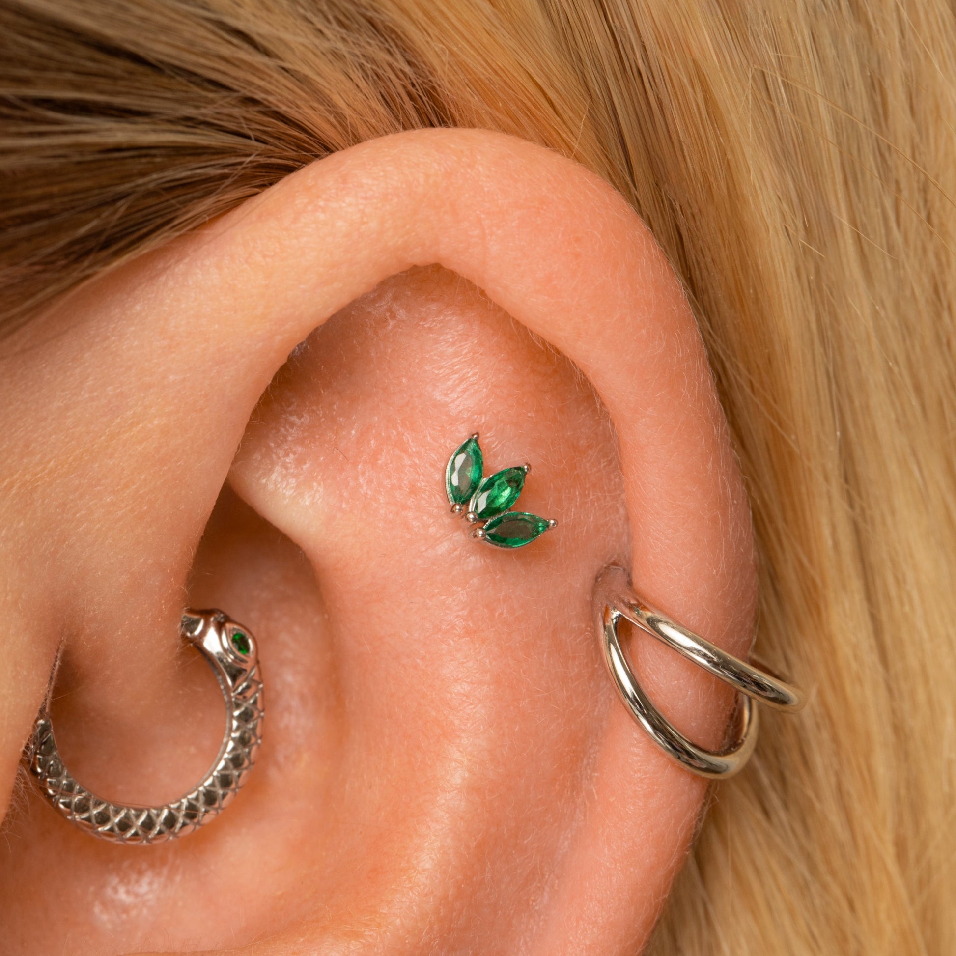 Laura Bond Jewellery 14k solid white gold green lotus flat back labret stud earring Cartilage Studs