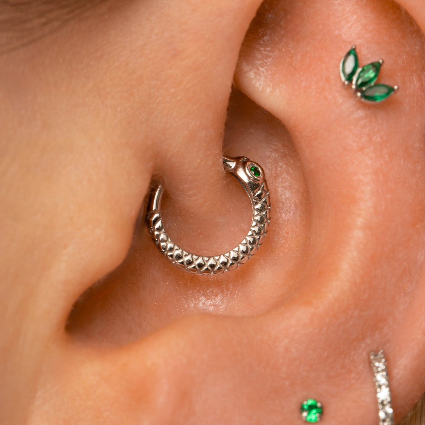 Laura Bond Jewellery 9k solid white gold Ouroboros Snake clicker hoop earring Huggies and Hoops