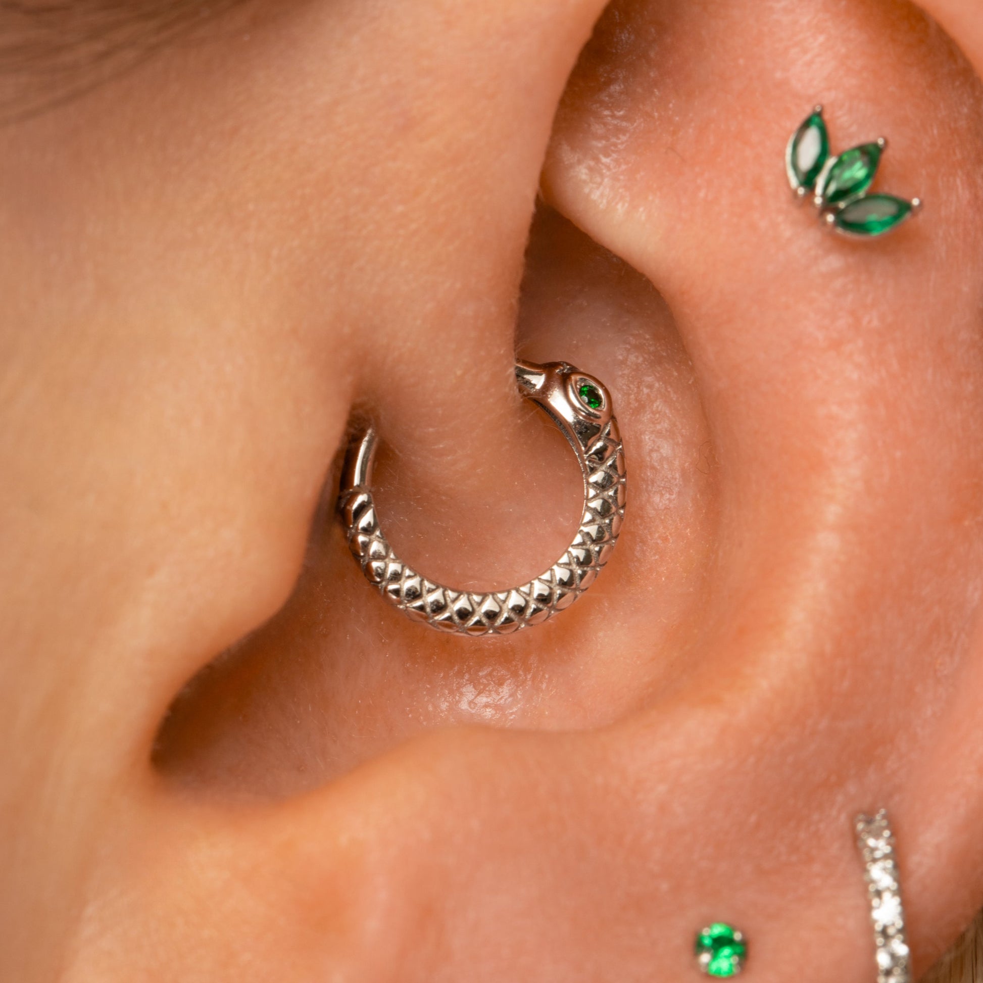 Laura Bond Jewellery 9k solid white gold Ouroboros Snake clicker hoop earring Huggies and Hoops